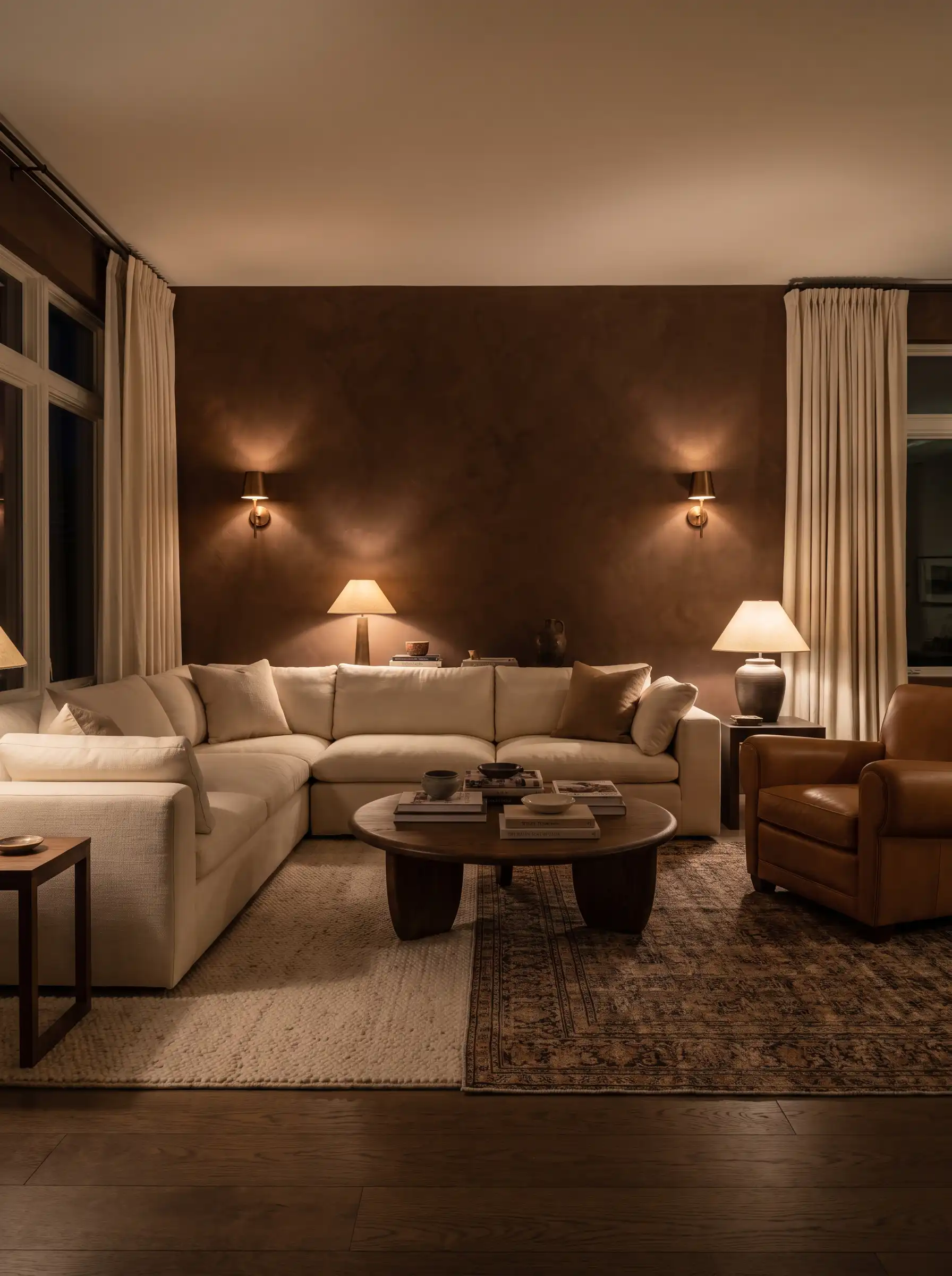 Rich chocolate brown plaster walls with cream sectional sofa and warm sconce lighting