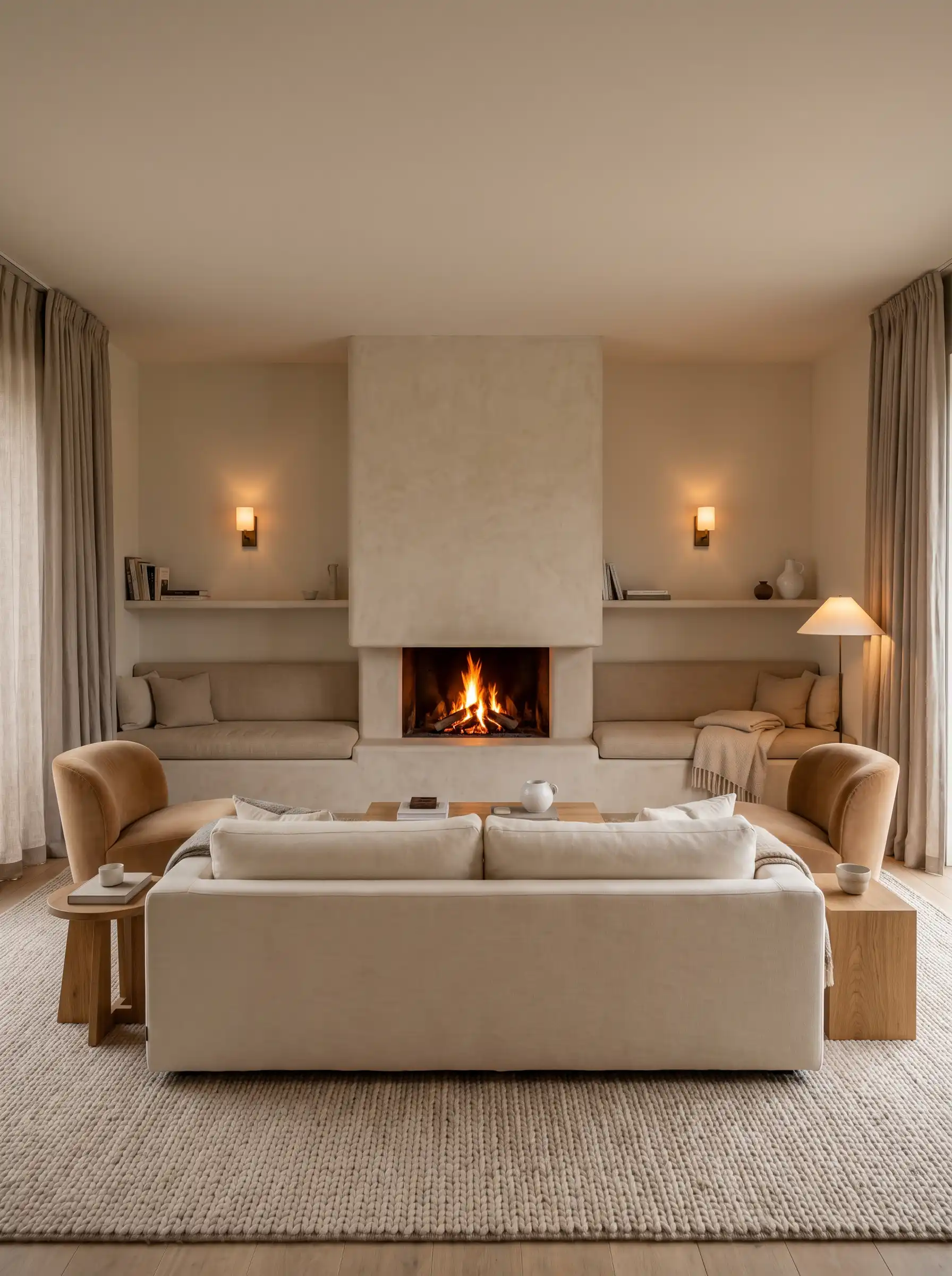 Minimalist plaster fireplace with built-in bench seating cream sofa and textured wool rug