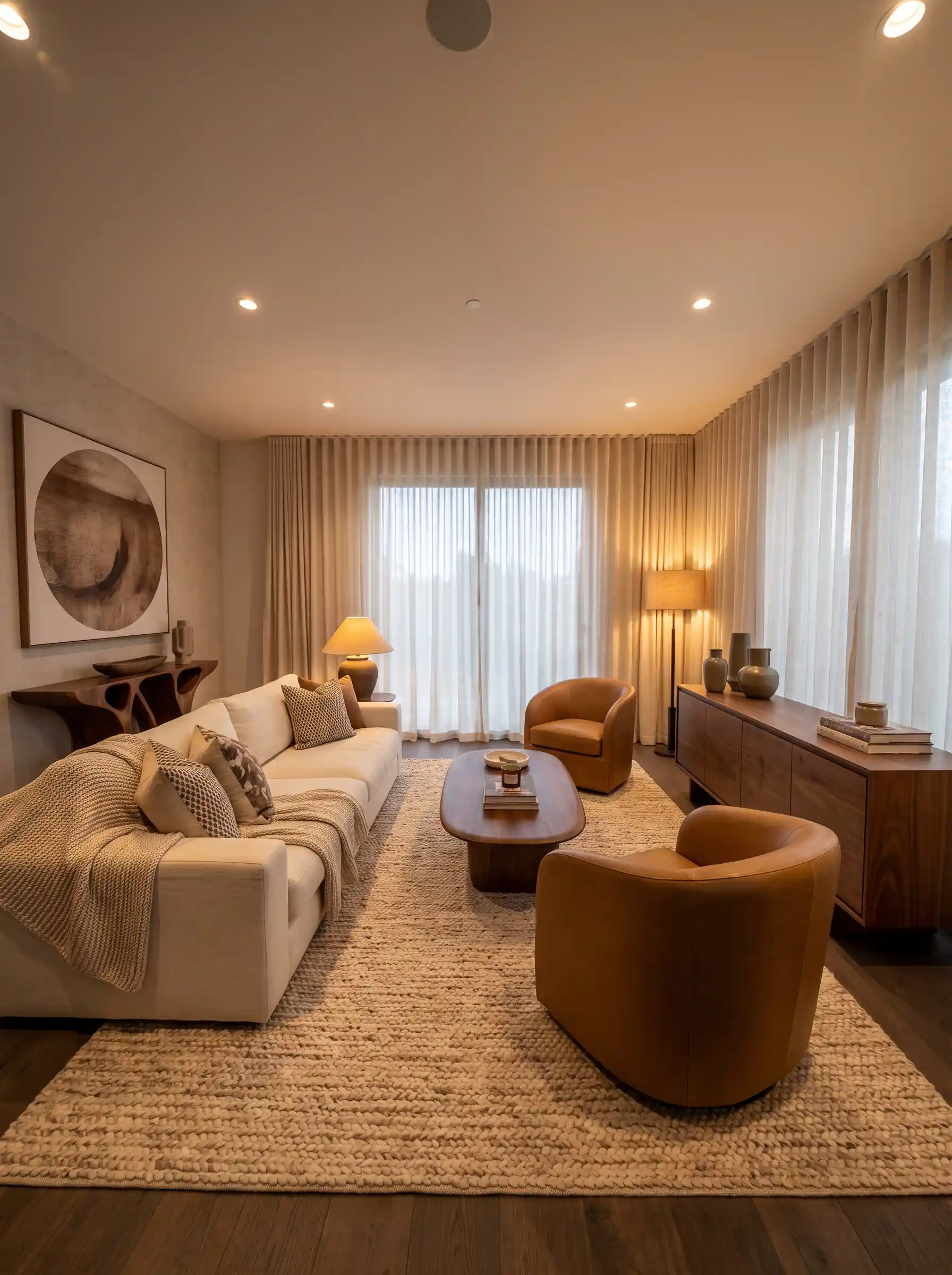 Cream sofa with caramel leather swivel chairs walnut credenza and abstract wall art