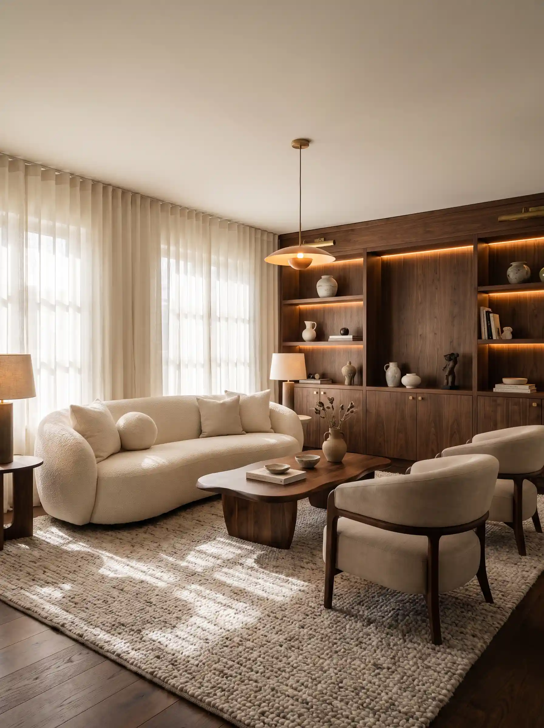 Cream bouclé sofa with walnut bookshelf brass pendant and natural woven rug