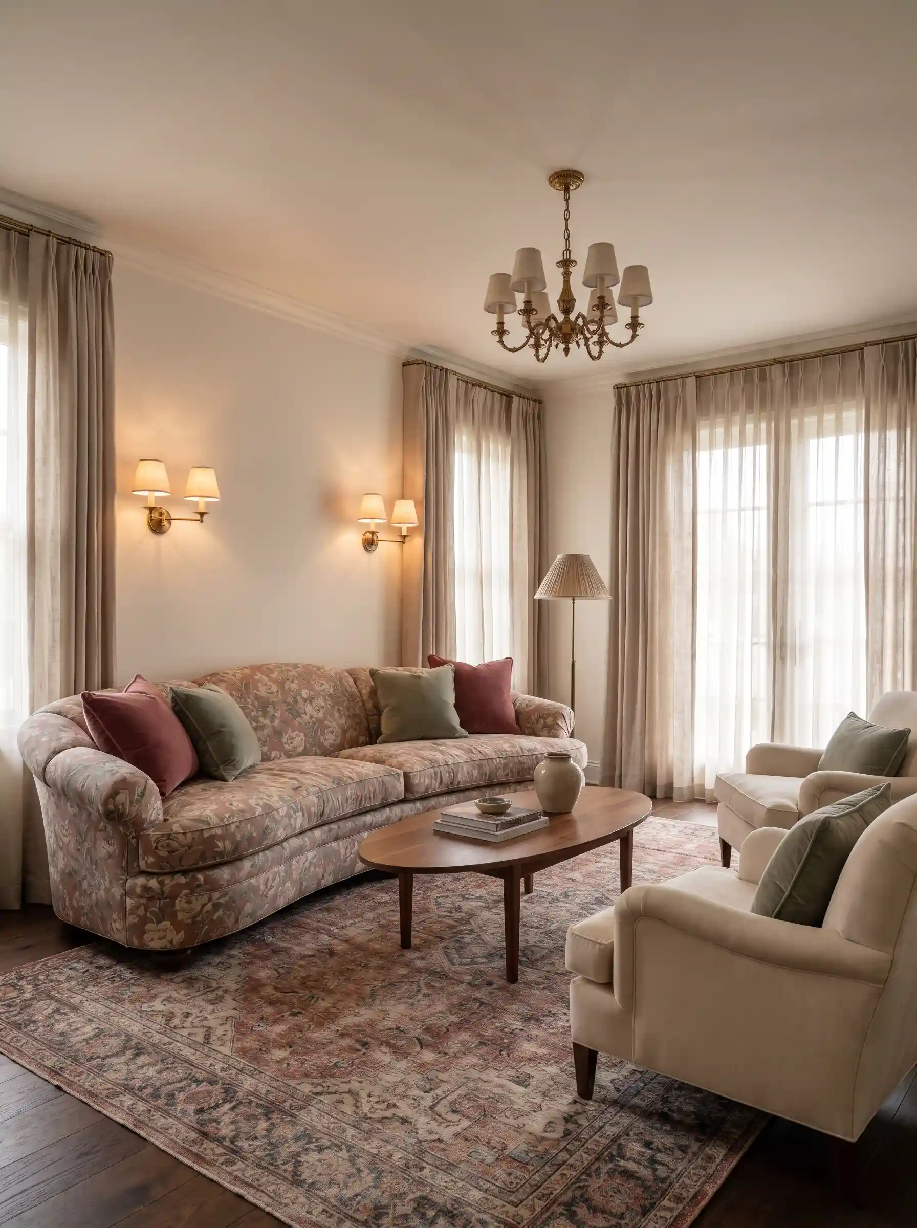 Curved floral upholstered sofa with brass chandelier velvet cushions and Persian rug