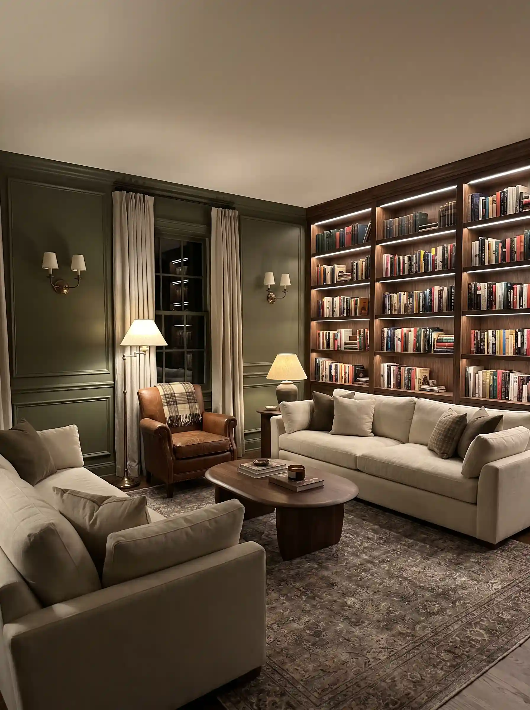 Deep olive green paneled walls with floor-to-ceiling bookcase leather armchair and linen sofas