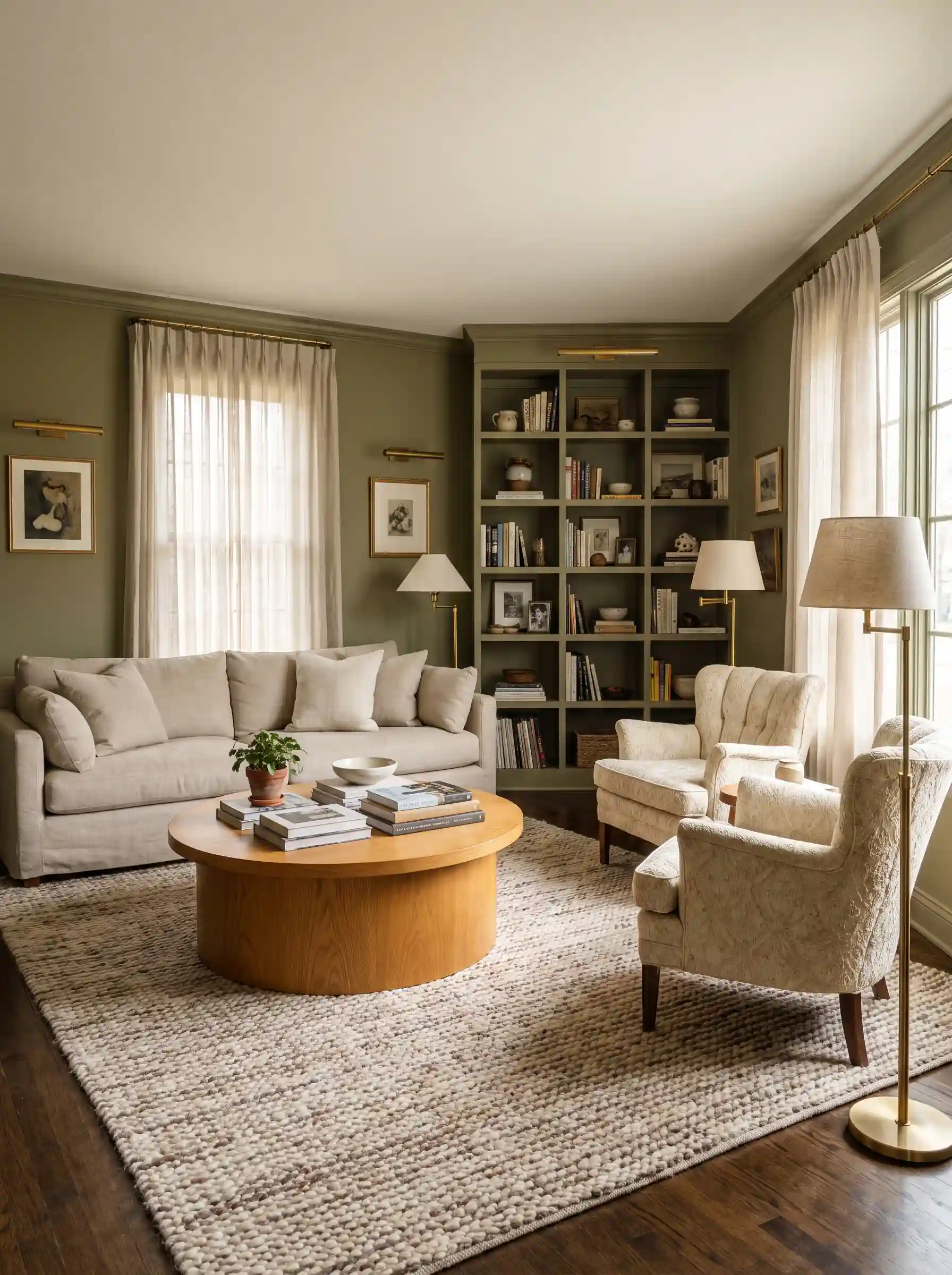 Olive green walls with linen sofa round oak coffee table wingback chairs and curated bookshelf