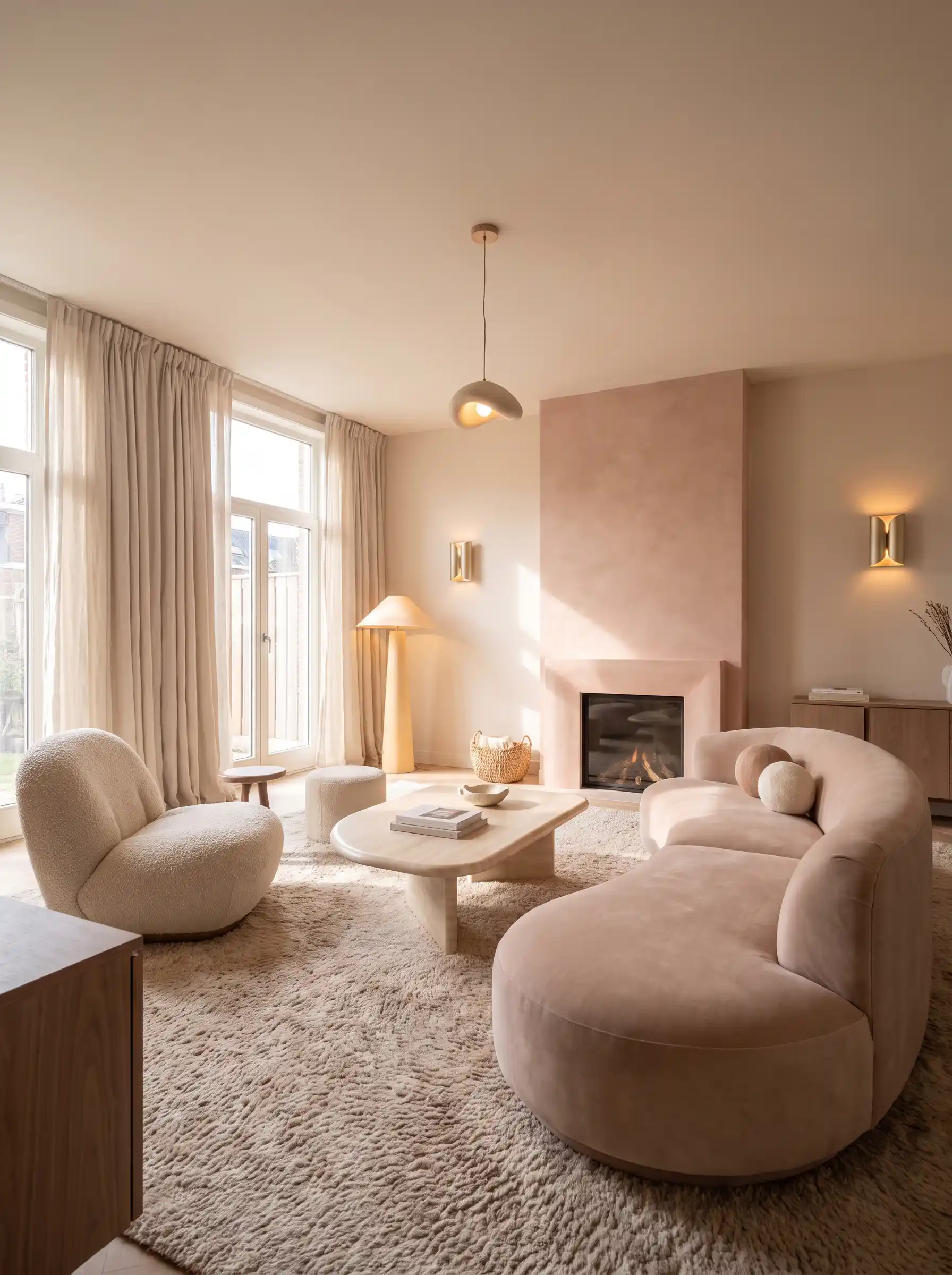 Blush pink curved sofa with pink plaster fireplace bouclé accent chair and shag rug