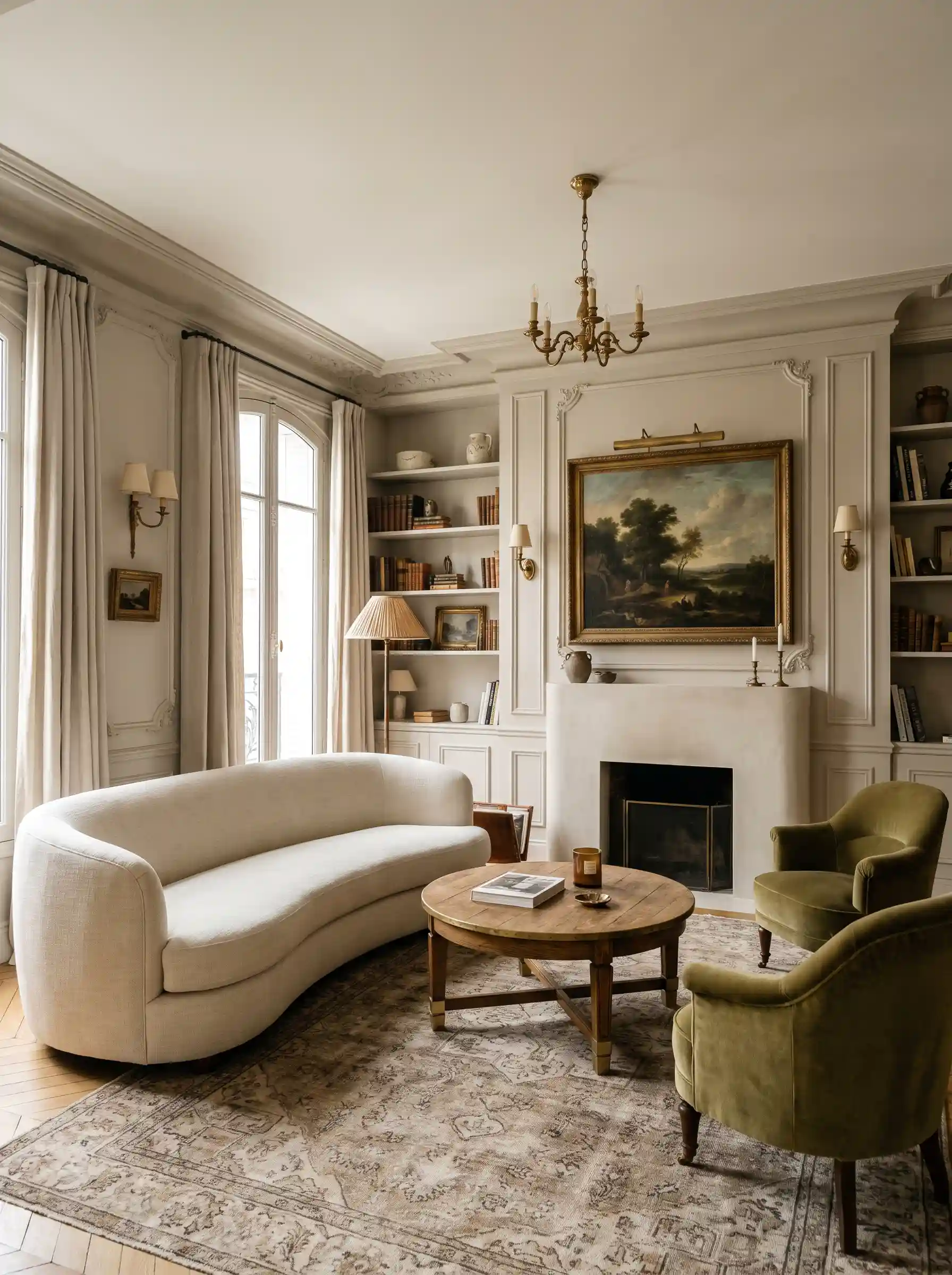Parisian living room with curved linen sofa ornate paneling oil painting and olive velvet armchair