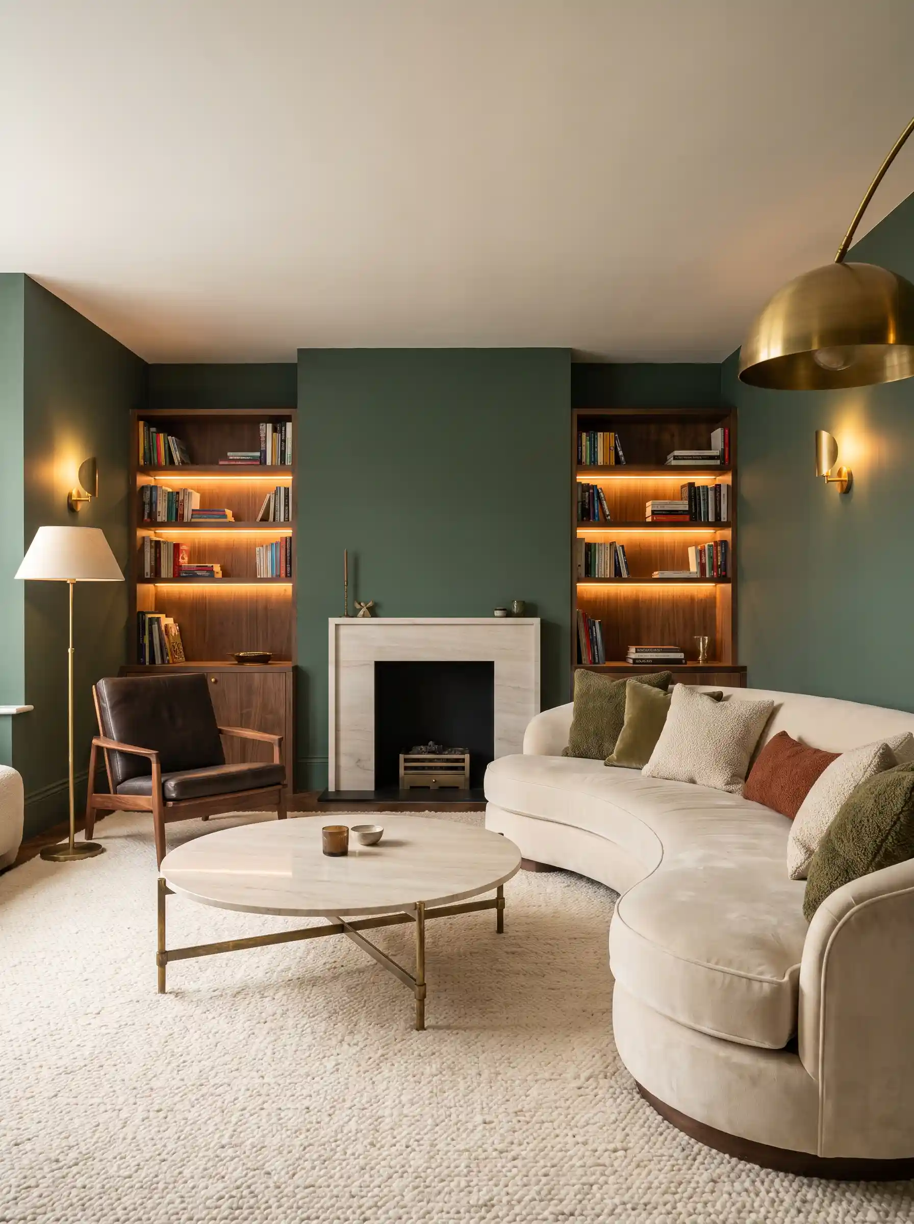 Emerald green walls with marble fireplace curved cream sofa backlit wood bookshelves and brass dome pendant