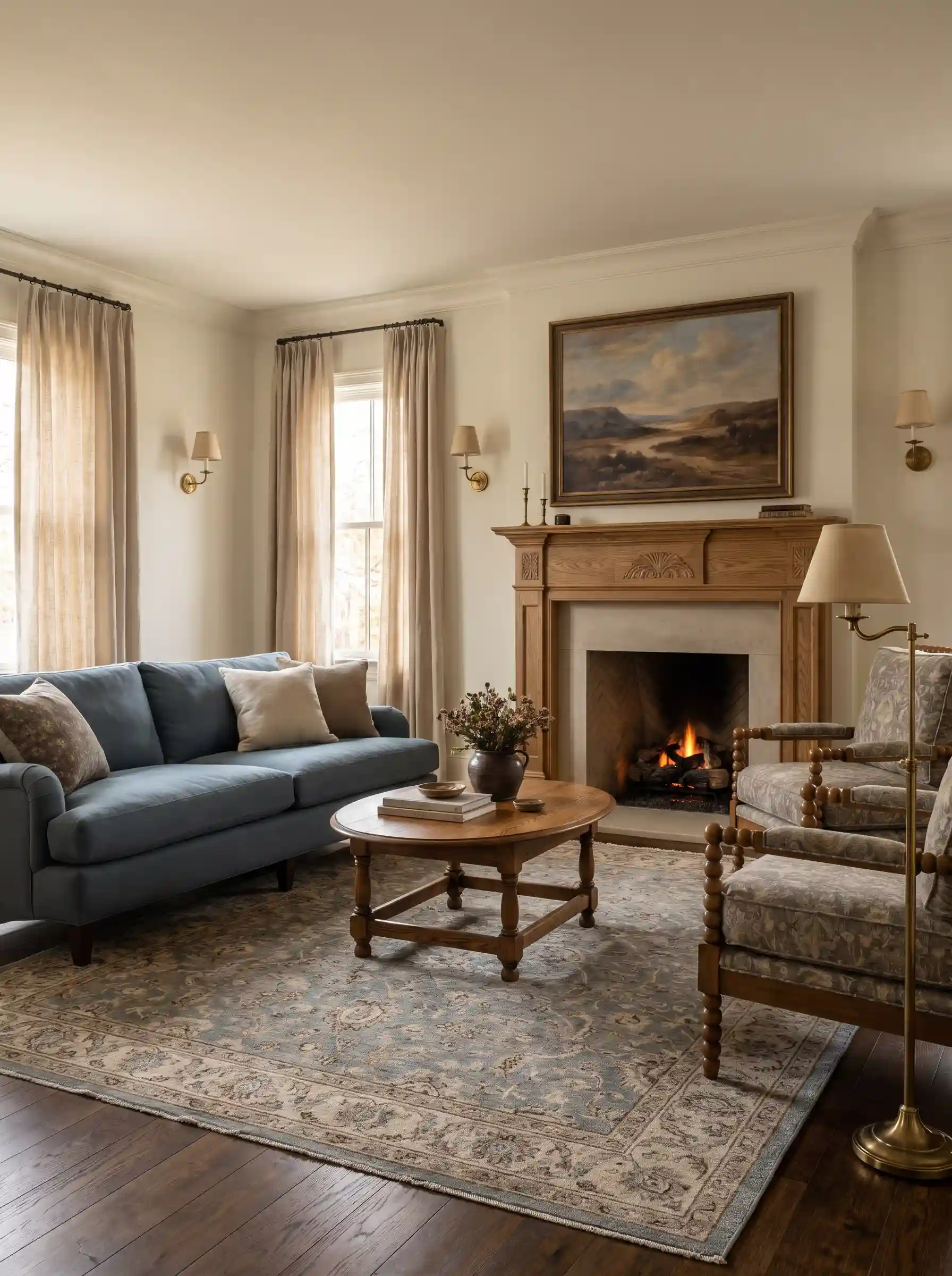 Heritage blue sofa with carved oak fireplace mantel landscape painting and floral accent chair