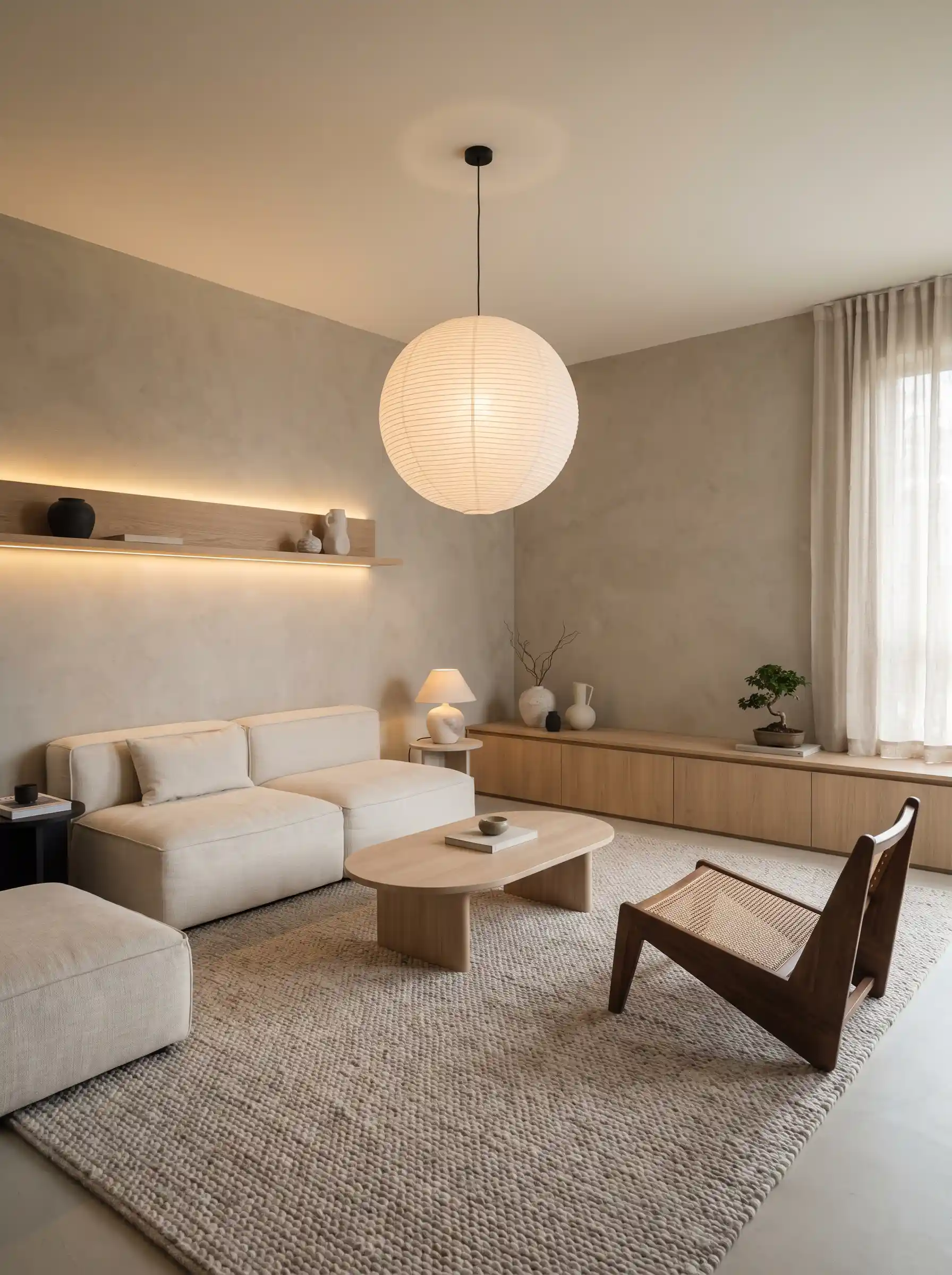 Japandi minimalist living room with paper globe pendant low oak furniture and bonsai plant