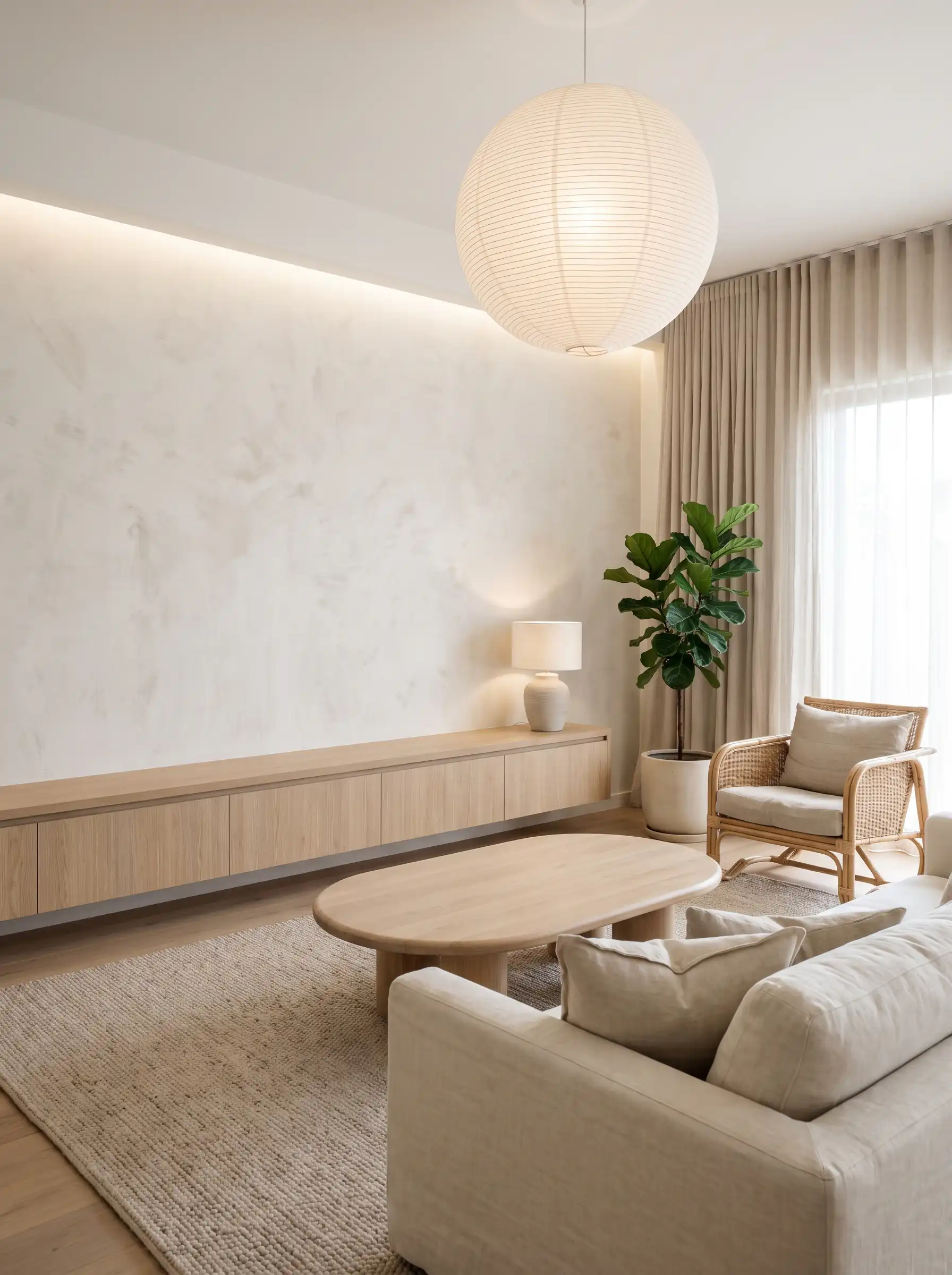 Limewashed white walls with fiddle leaf fig rattan chair paper pendant and oak credenza
