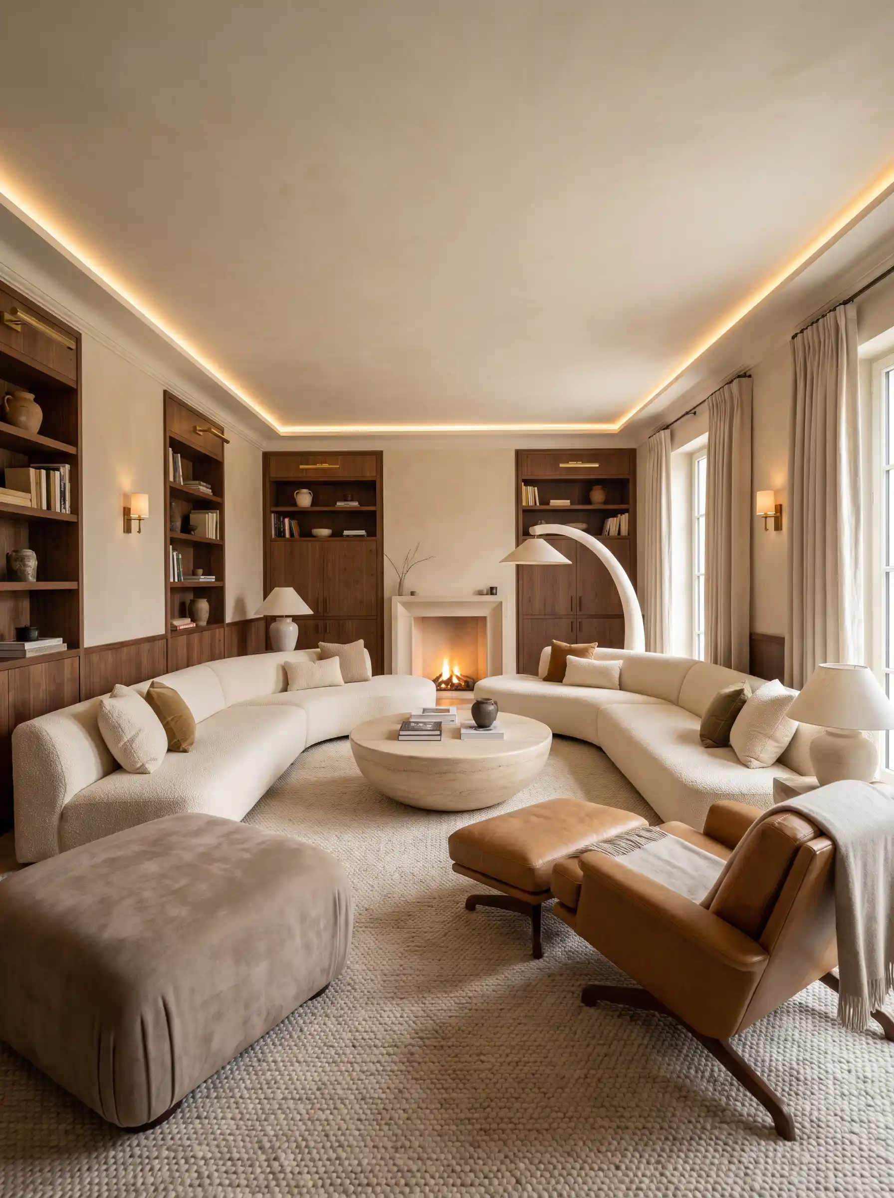Grand living room with curved cream sectional walnut bookcases travertine coffee table and arc lamp