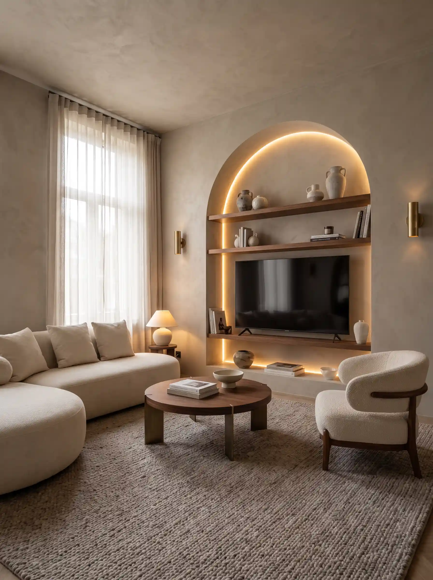 Plaster arched media alcove with LED backlighting walnut shelves curved sofa and bouclé chair