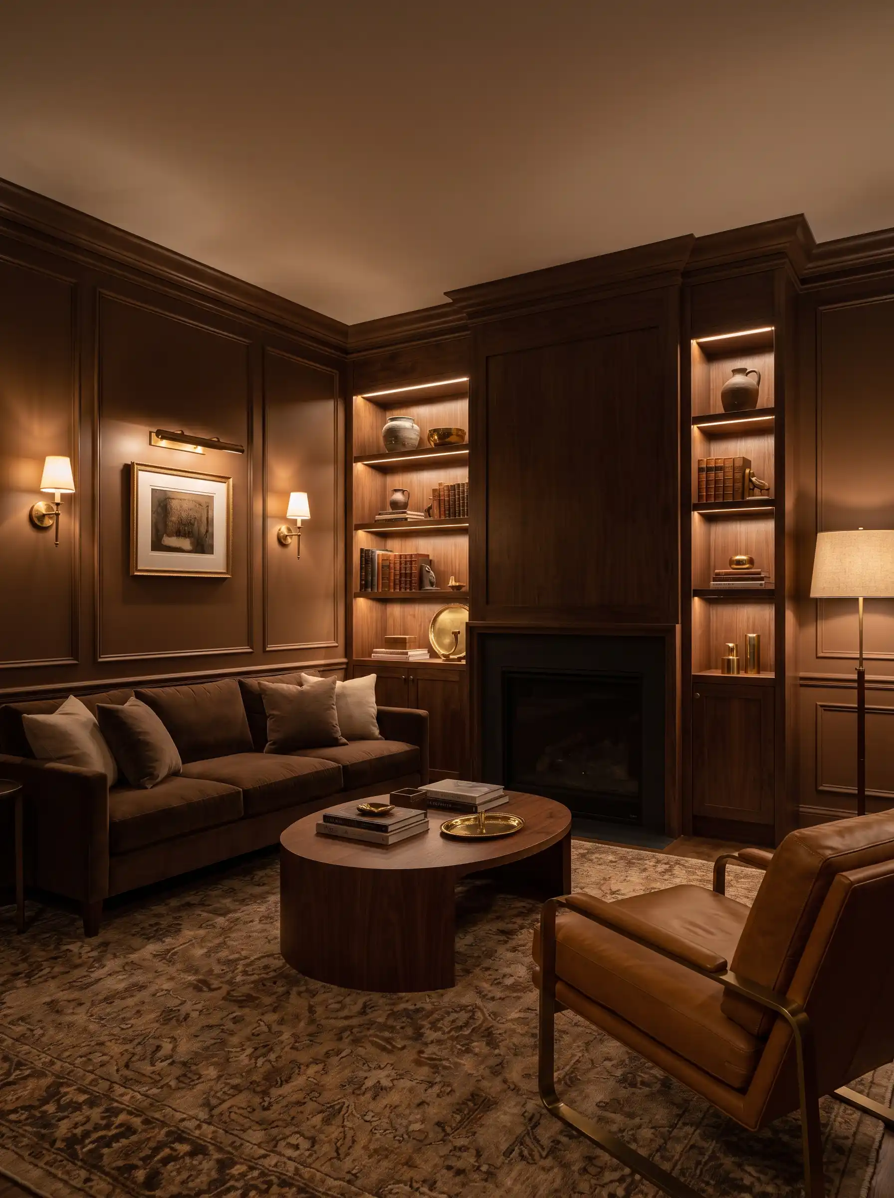 Dark walnut paneled living room with velvet sofa cognac leather chair built-in shelves and fireplace