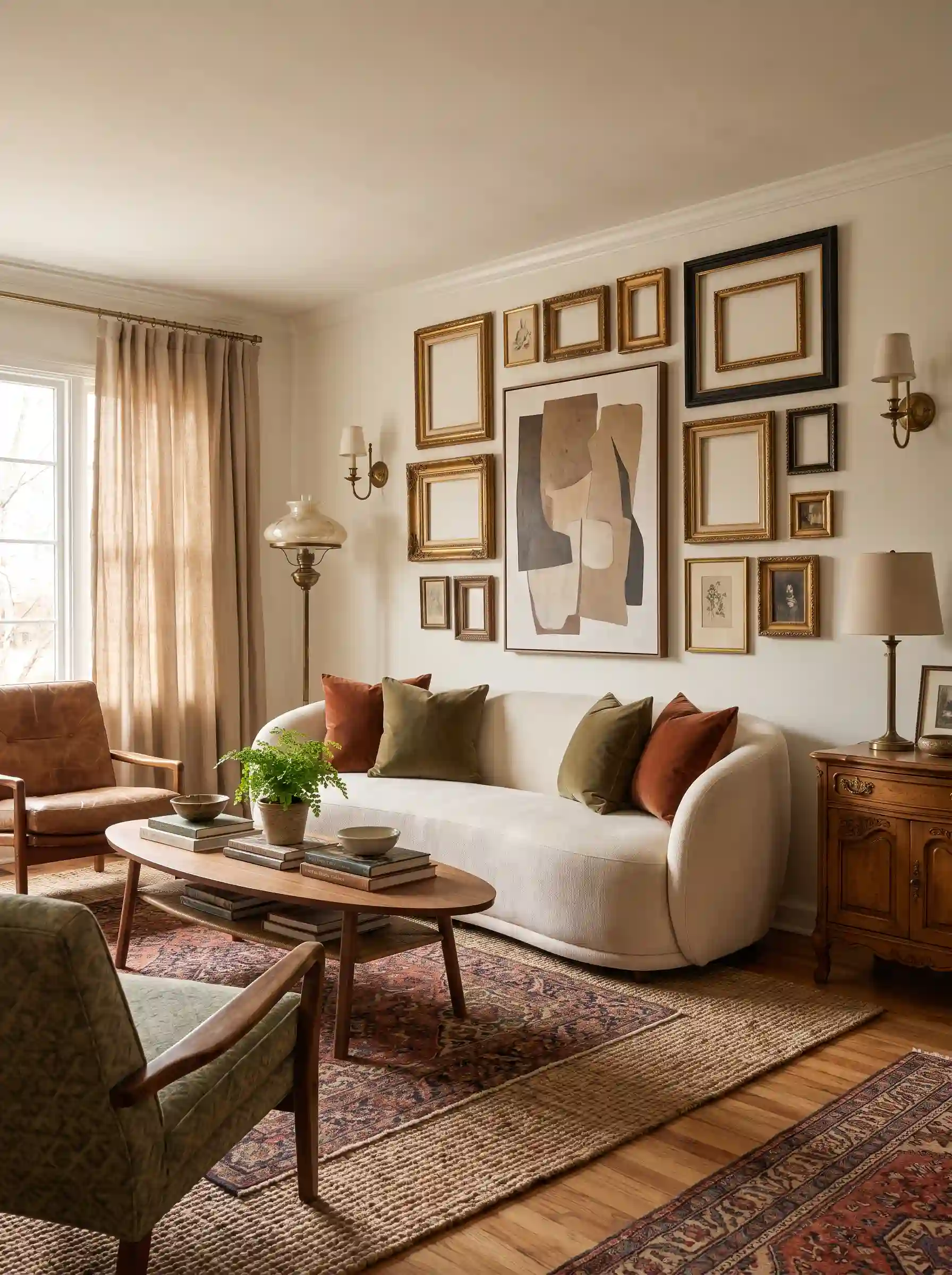 Eclectic living room with gallery wall of gold frames vintage furniture olive and rust cushions
