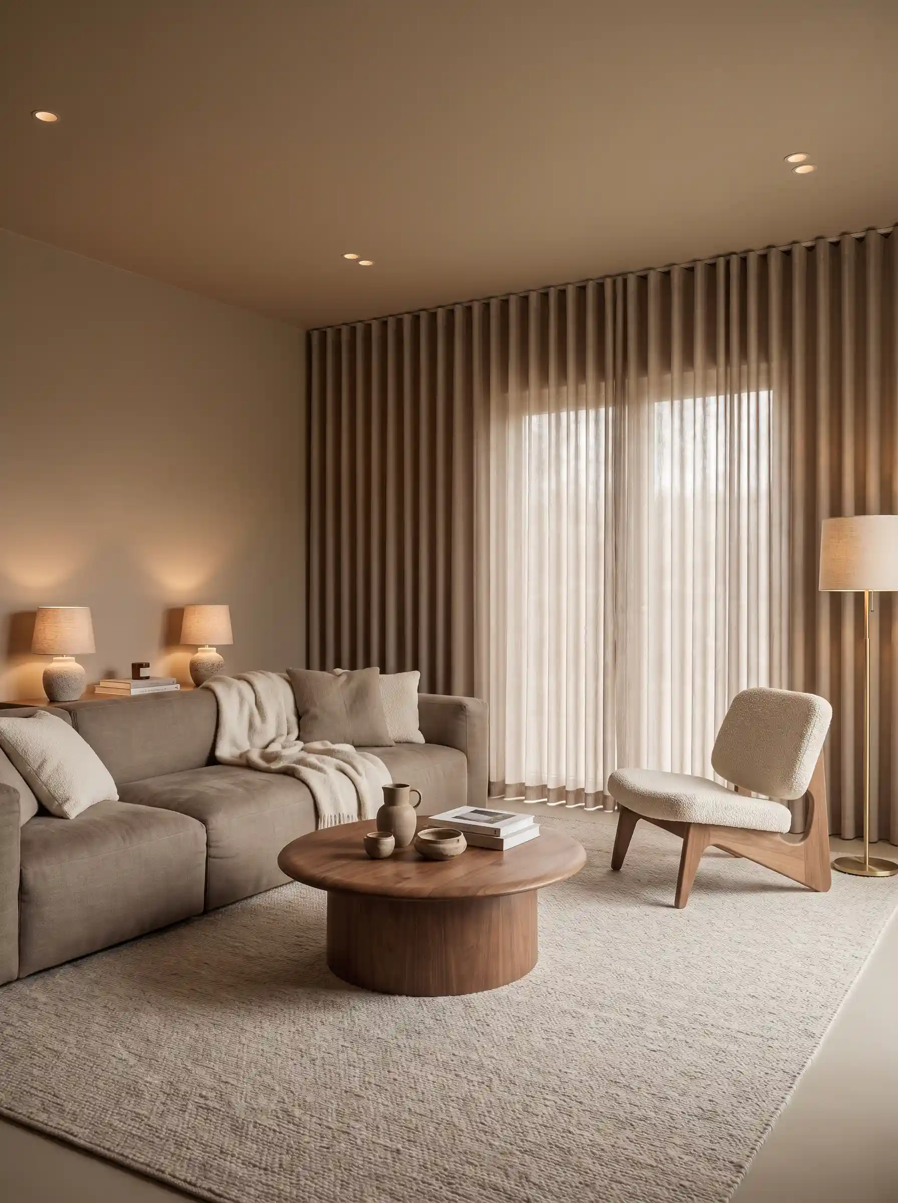 Minimalist living room with floor-to-ceiling taupe drapery walnut drum coffee table and bouclé chair