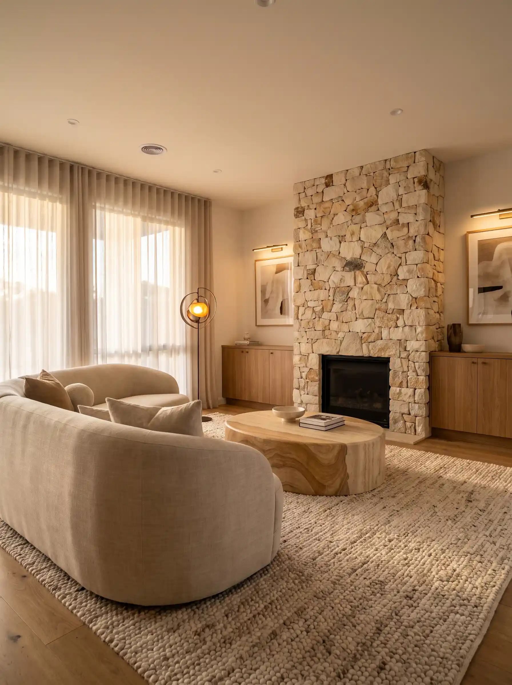 Natural stacked stone fireplace with curved linen sofa sandstone coffee table and warm shag rug
