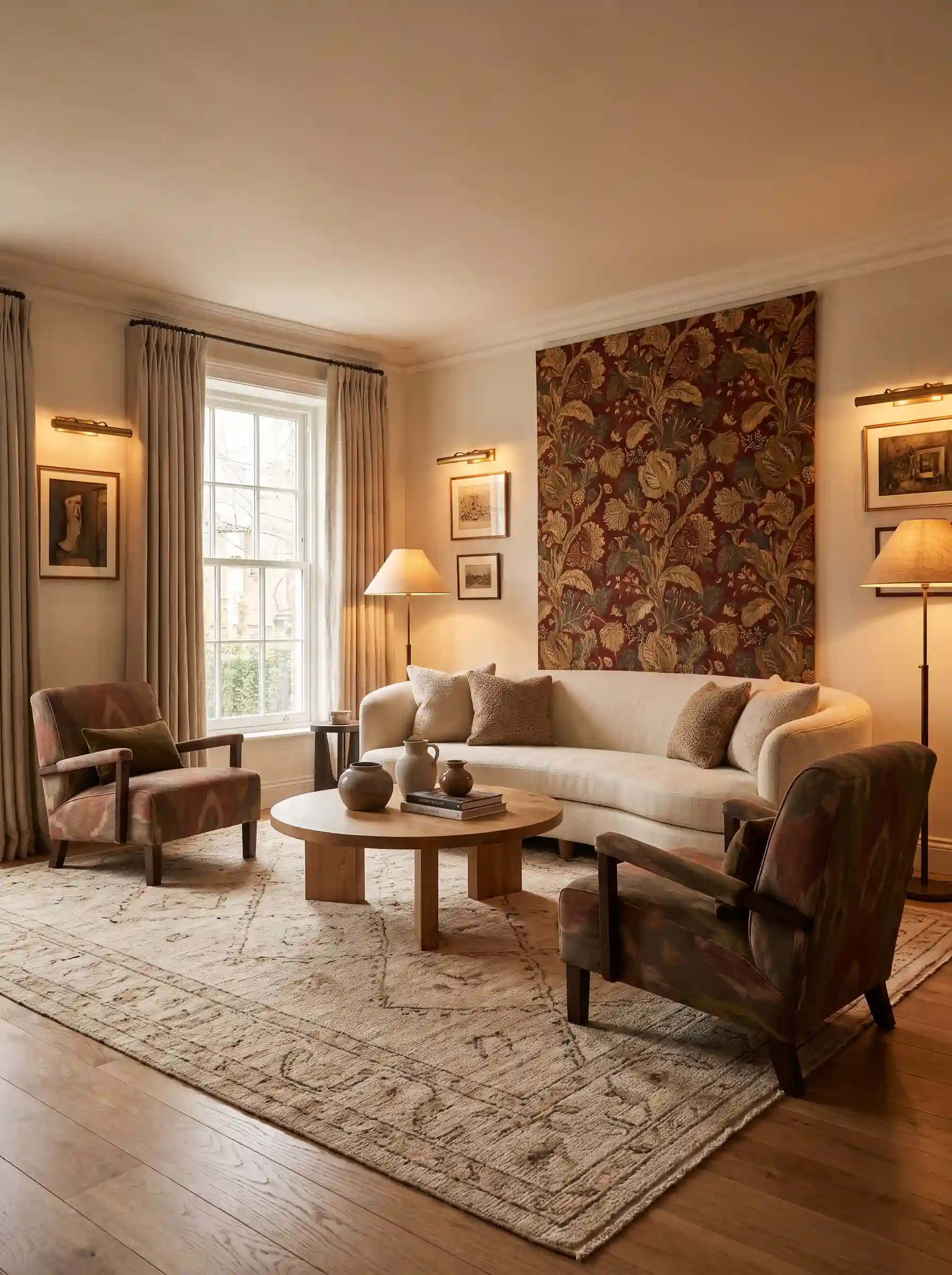 Arts and Crafts living room with botanical tapestry accent wall patterned armchairs and cream sofa