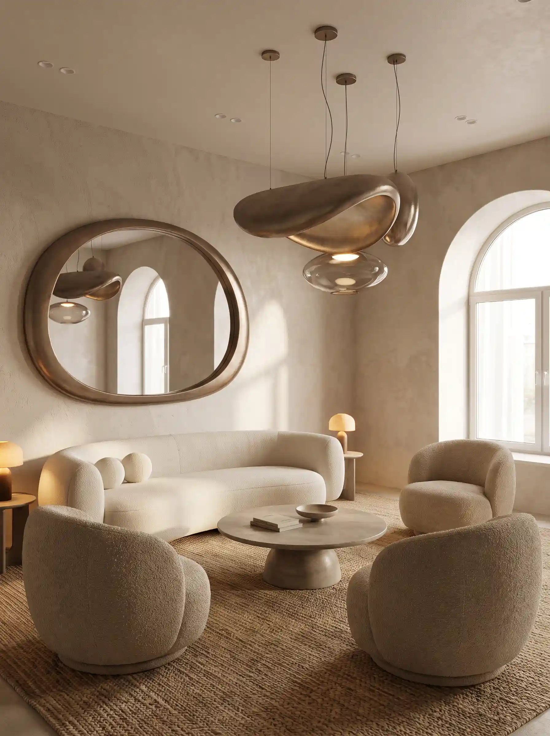 Sculptural cream bouclé sofa and chairs with organic bronze mirror and brass pendant lights