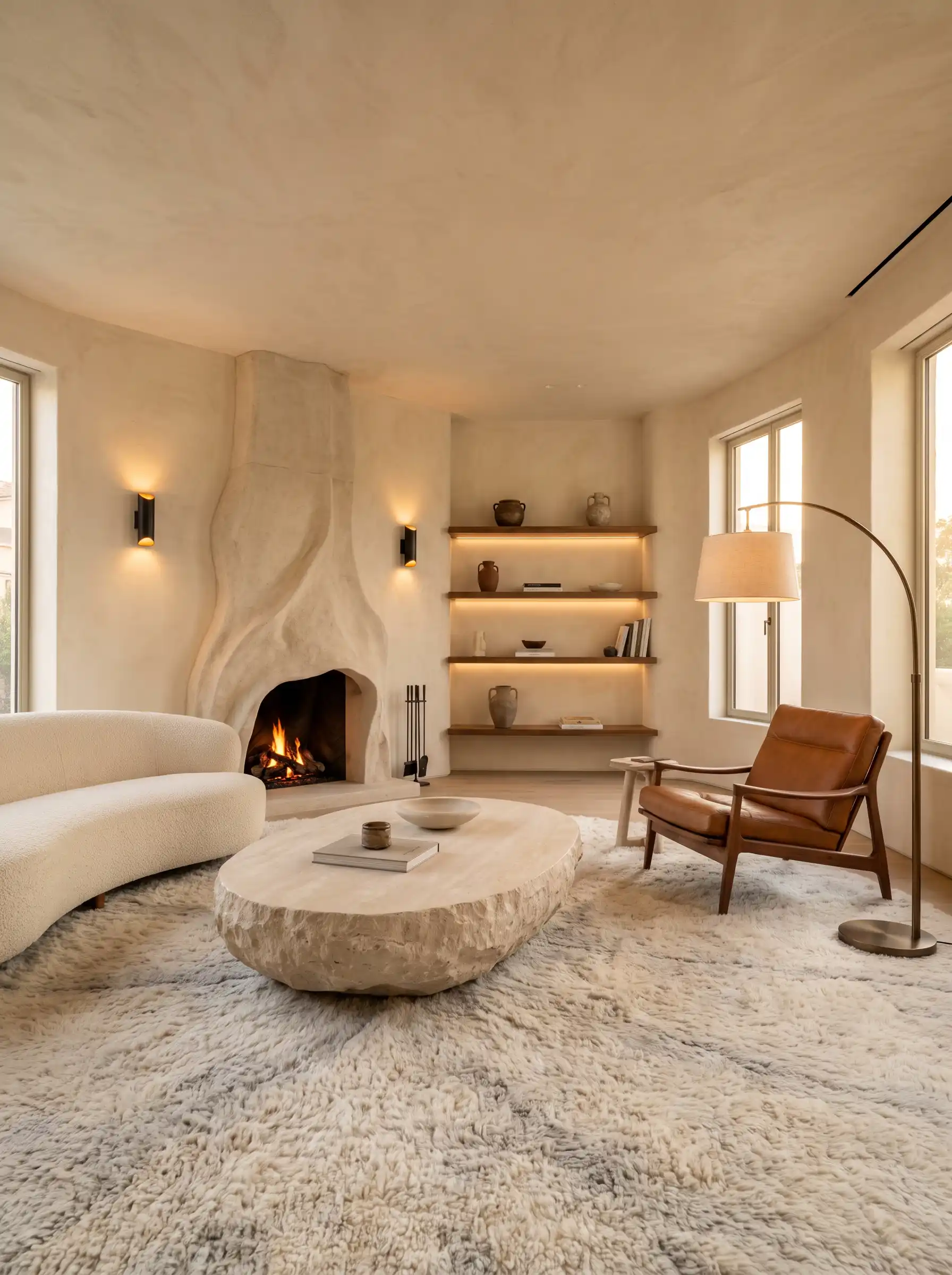 Sculptural plaster fireplace with organic stone coffee table bouclé sofa and cognac leather chair