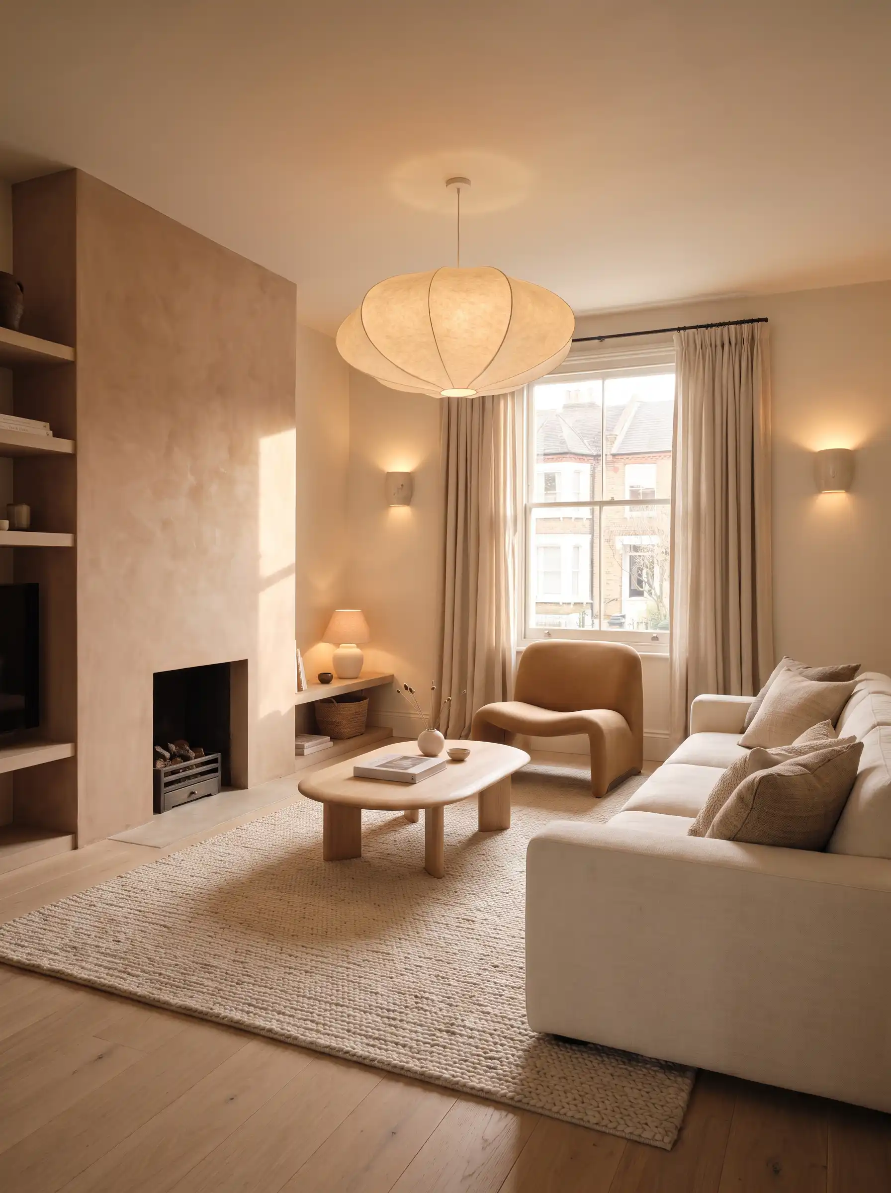 Warm plaster living room with cocoon pendant light cream sofa fireplace and oak coffee table