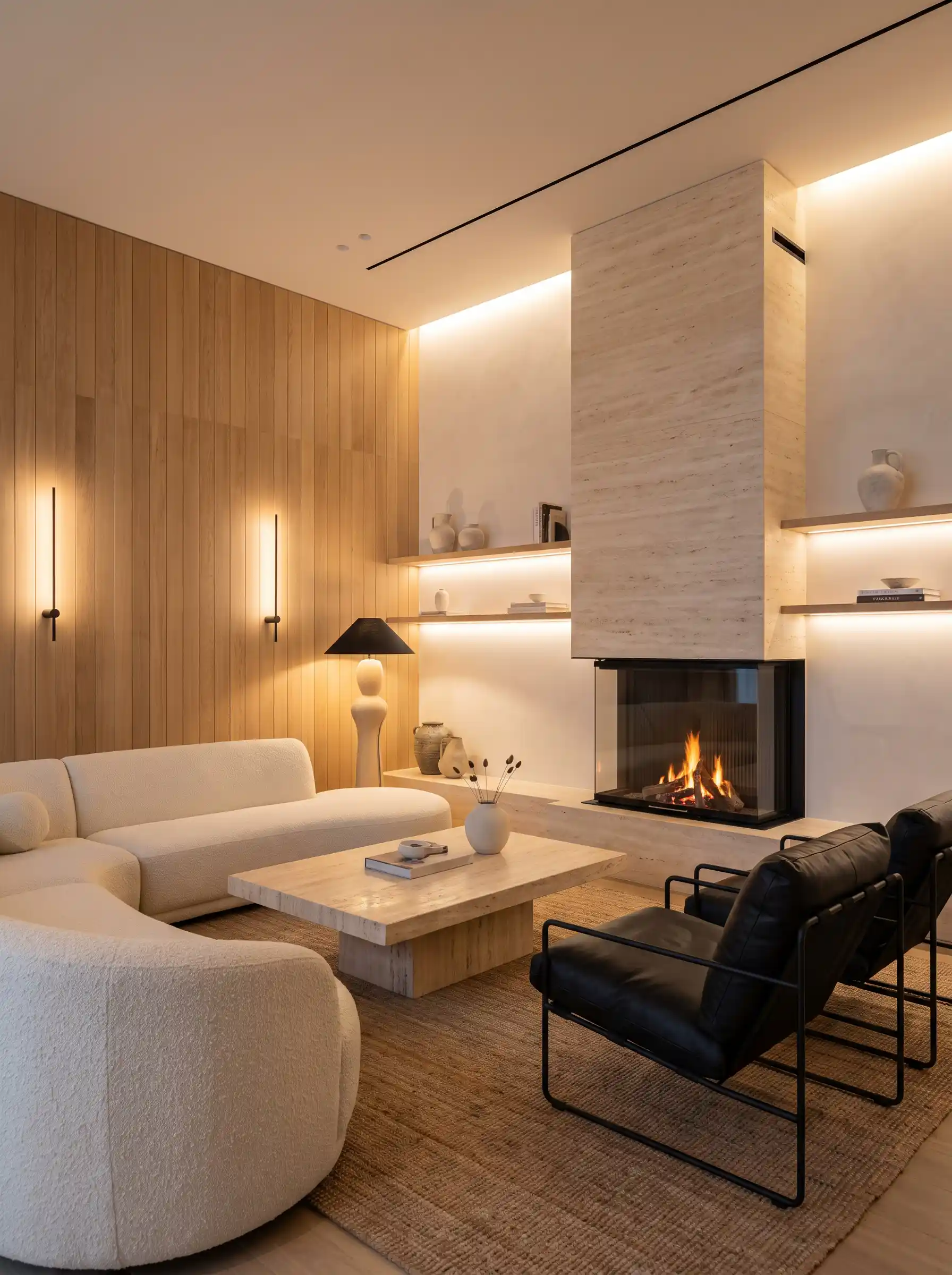 Modern living room with travertine fireplace cedar plank wall bouclé sofa and black leather chairs
