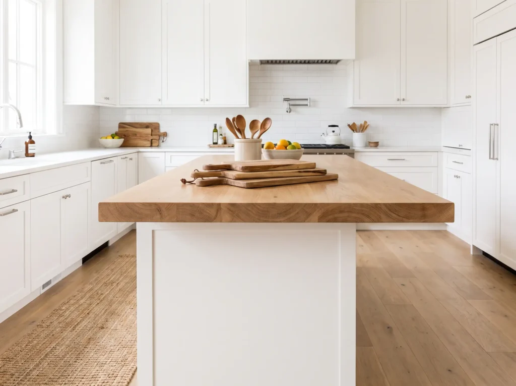 White kitchen with wood island K