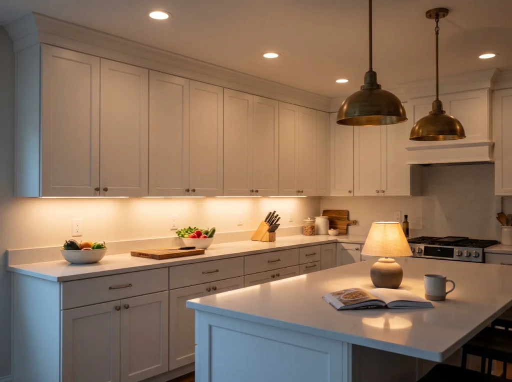 White kitchen with warm lighting K
