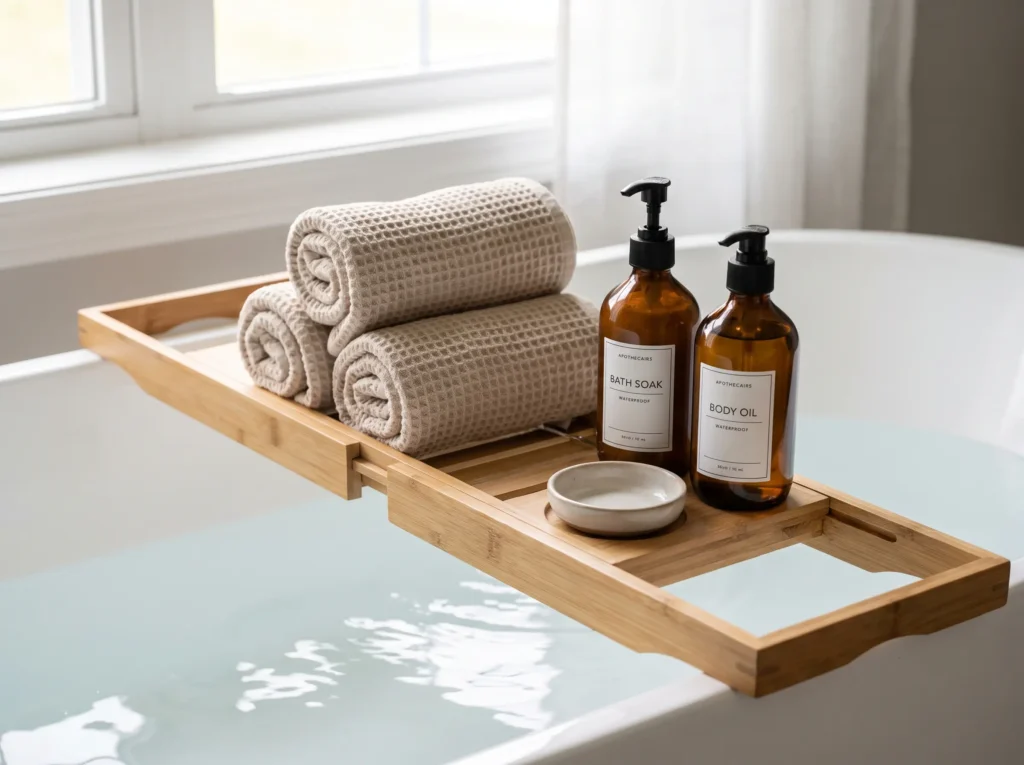 Bamboo bathtub caddy with towels K
