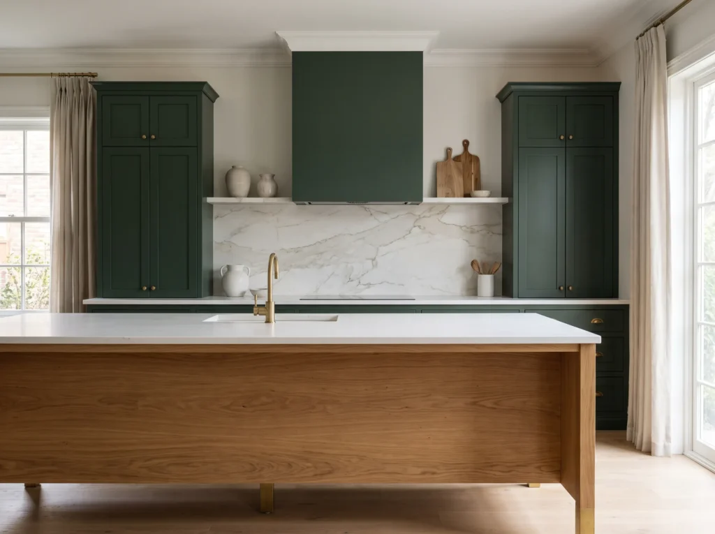 Green kitchen cabinets with marble K