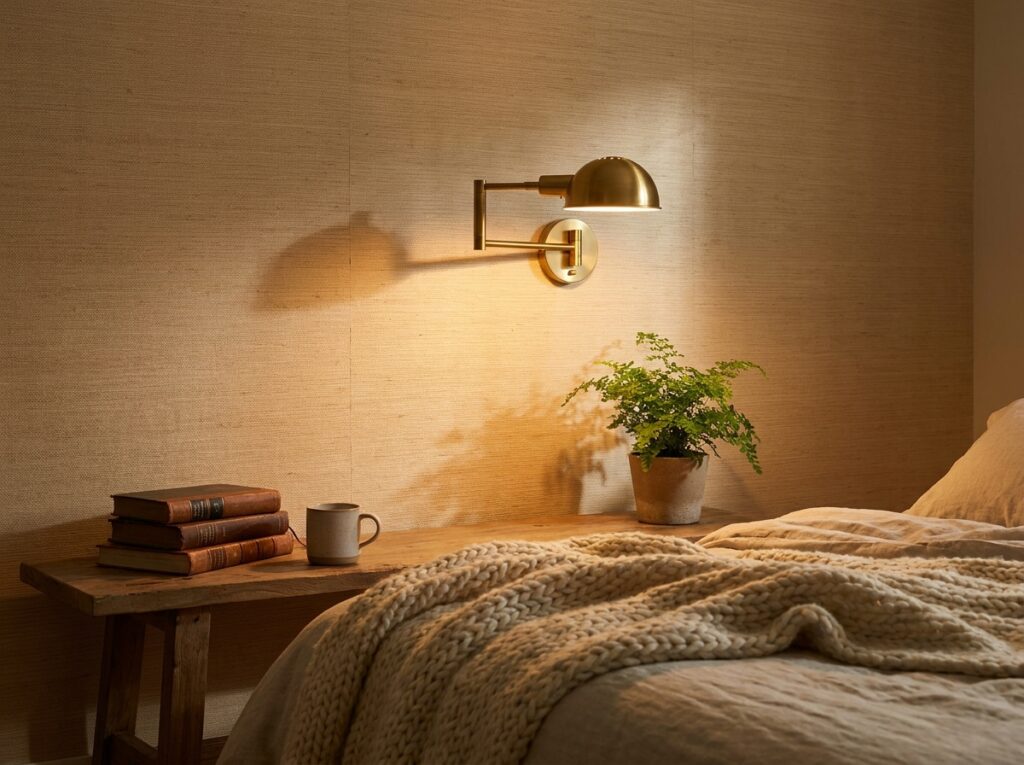 Brass sconce on textured wall