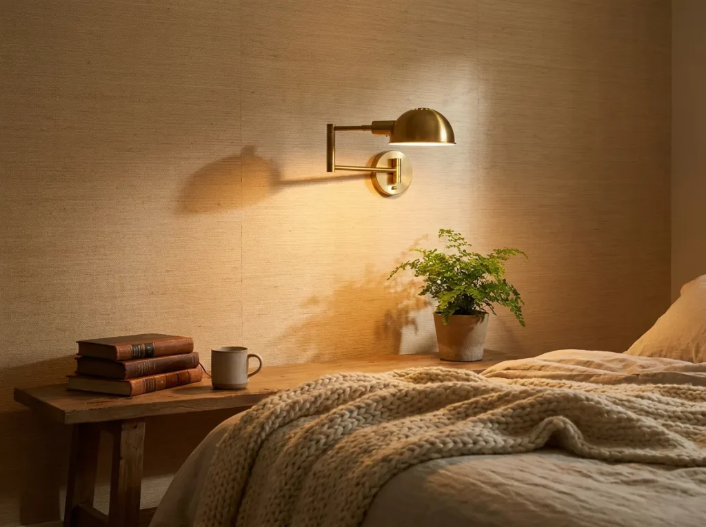 Brass sconce on textured wall