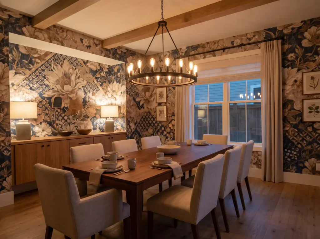 Dining room with patterned wallp… K