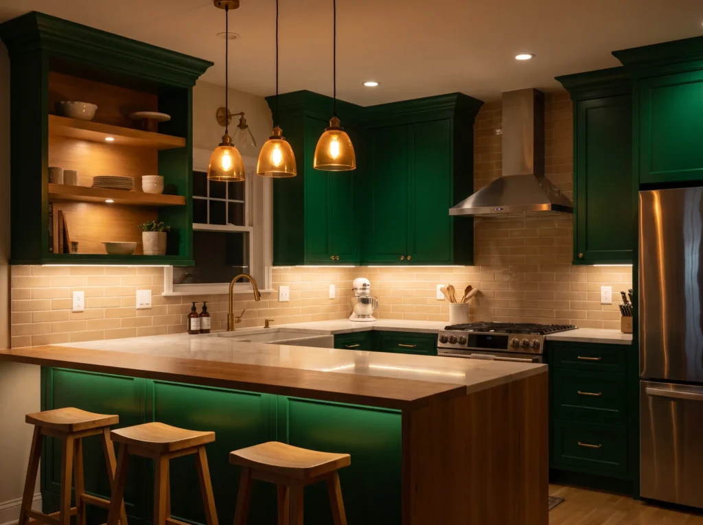 Green kitchen under warm lighting K