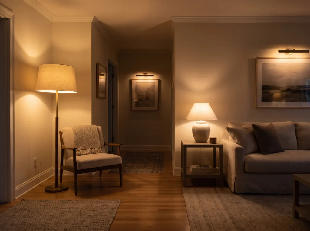 Lamps illuminate living room at K