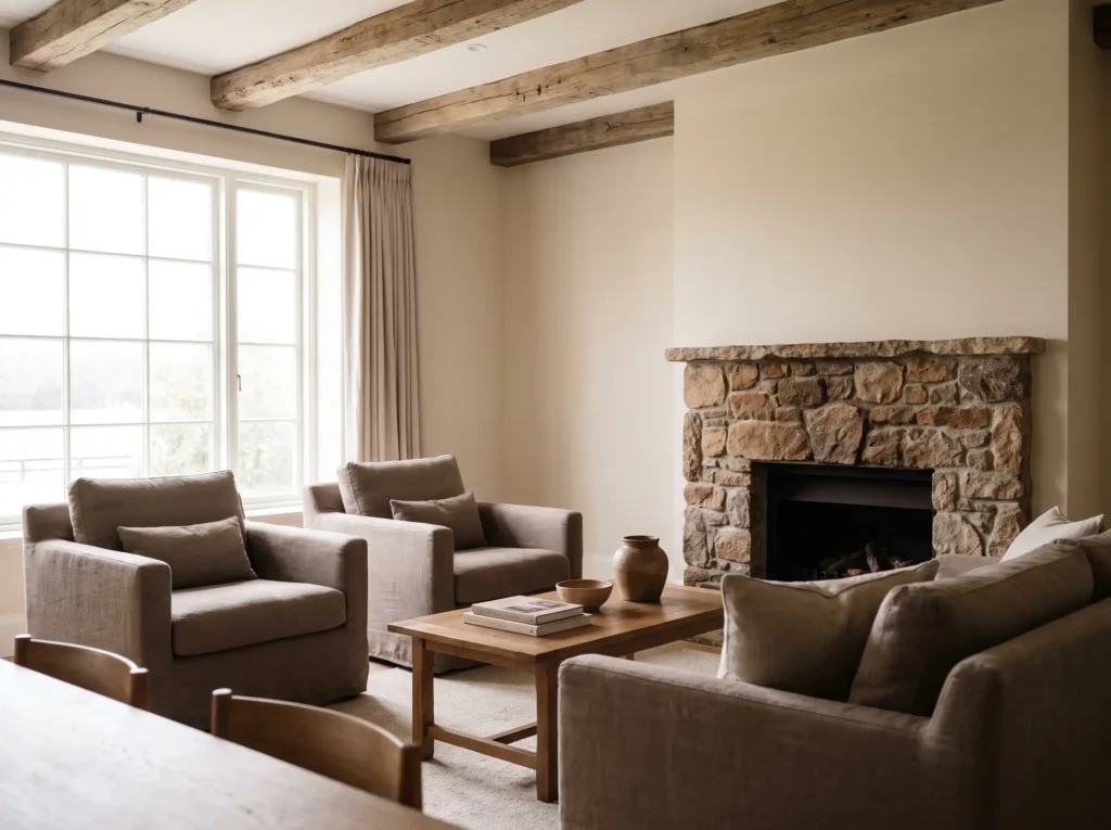 Living room with stone fireplace K