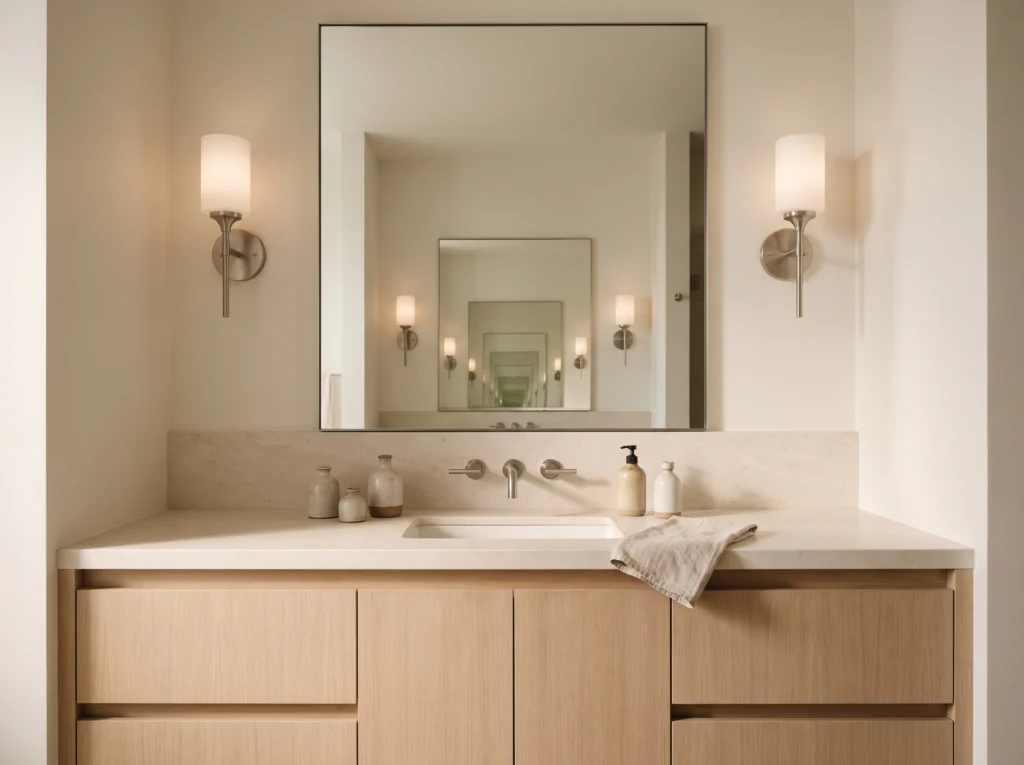 Wall sconces beside bathroom mirror K