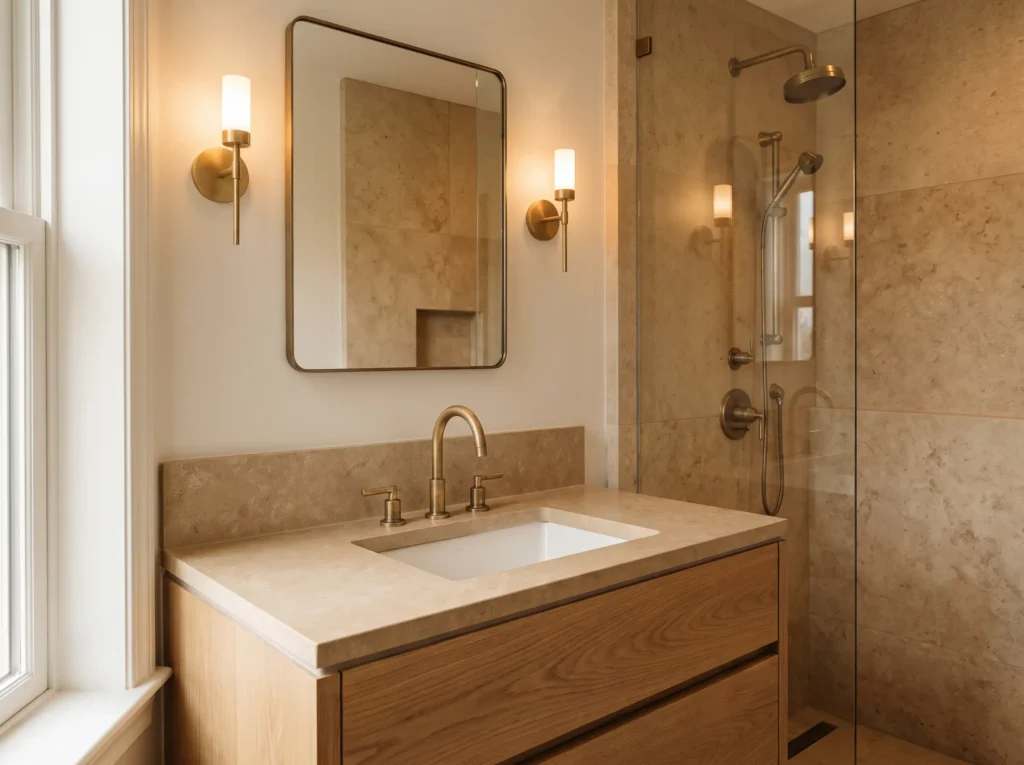 Wood vanity in stone bathroom K