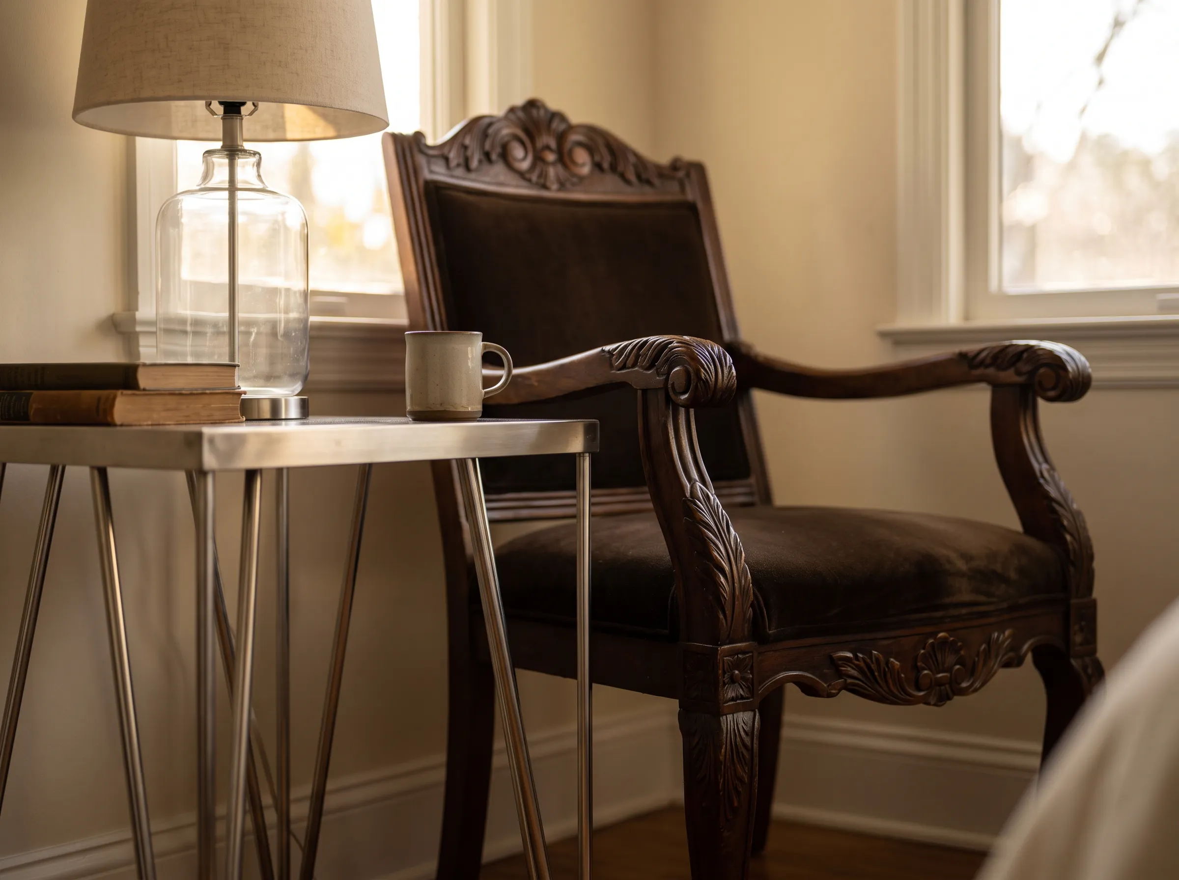 Wooden chair beside metal table K