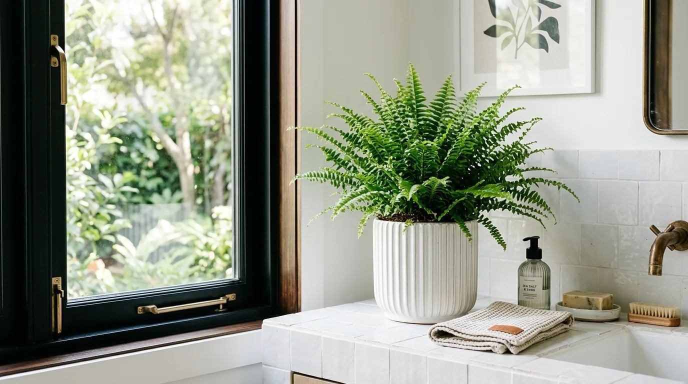 Lush green potted fern in a fluted white ceramic pot beside a bright bathroom window