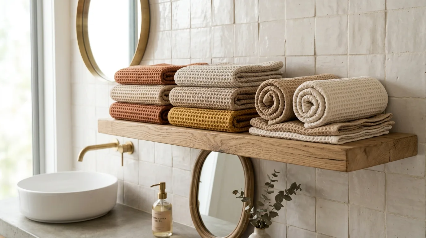 Folded and rolled textured waffle weave bath towels in warm neutral tones on a wooden shelf