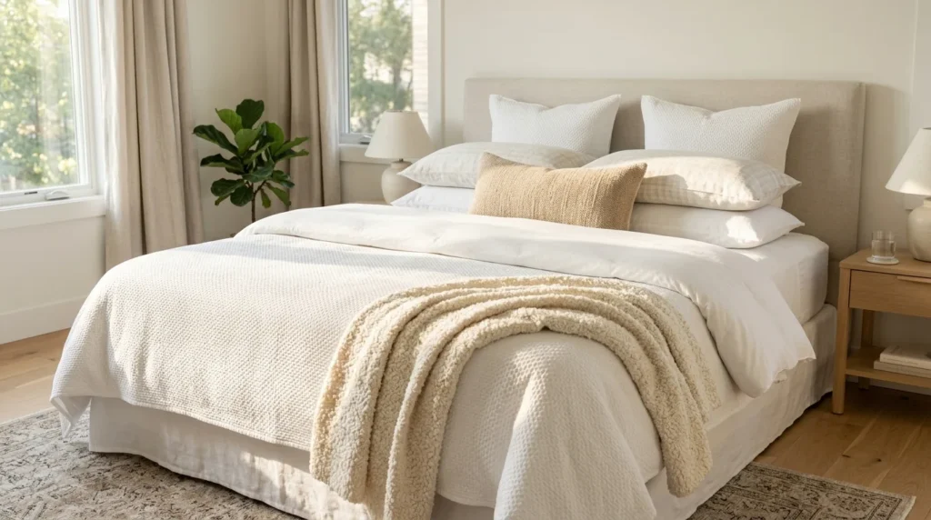 Professionally styled 5-layer bed with crisp sheets, duvet, matelasse coverlet, and boucle throw blanket
