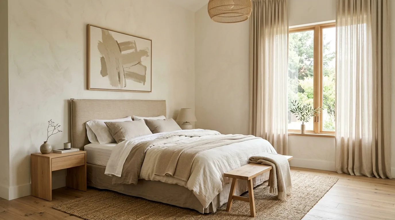 Minimalist neutral bedroom featuring cream and taupe bedding with linen accents and soft natural light