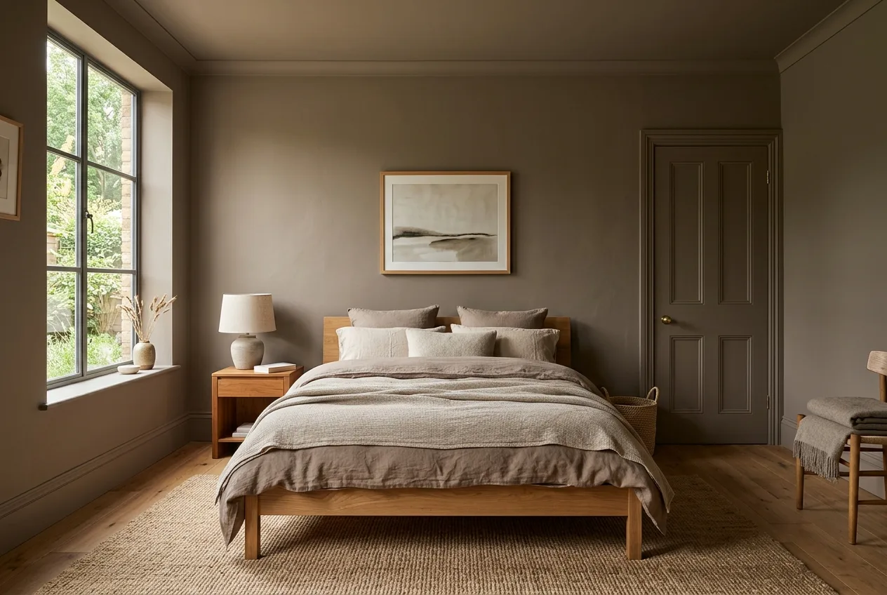 Seamless color drenched bedroom with walls trim and ceiling painted in matching taupe tone