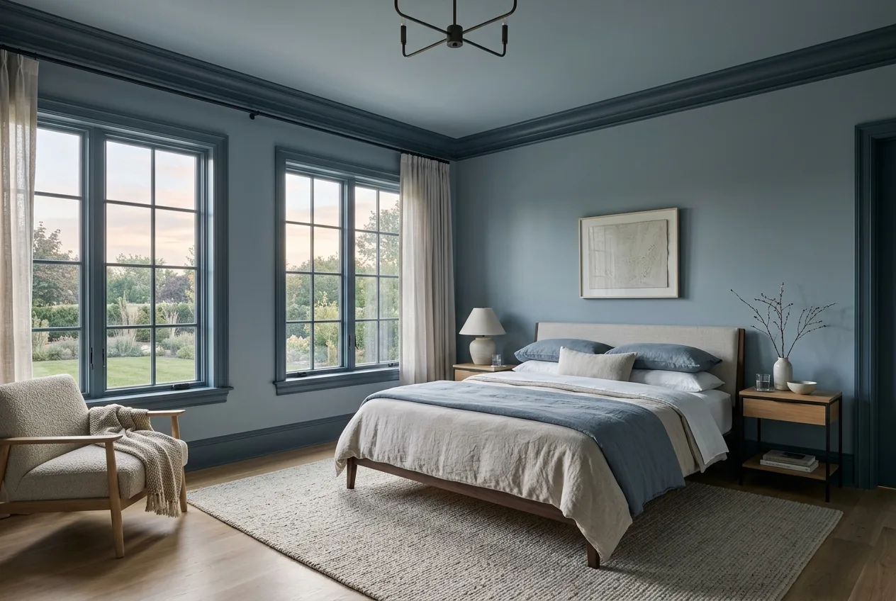 Double drenched bedroom showing tonal contrast between slate blue door trim and dusk blue walls