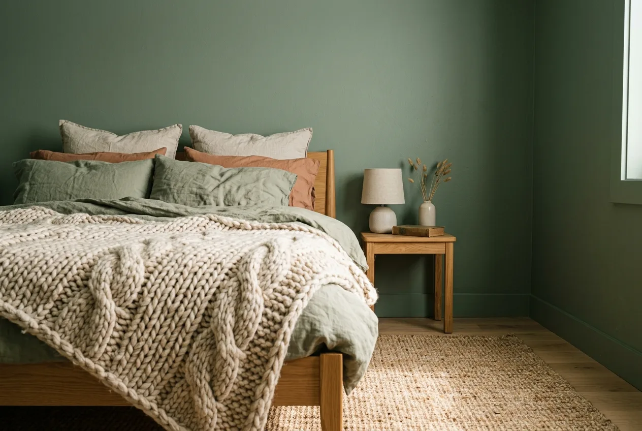 Tactile textile layers including linen bedding and woven rug in a monochromatic drenched bedroom