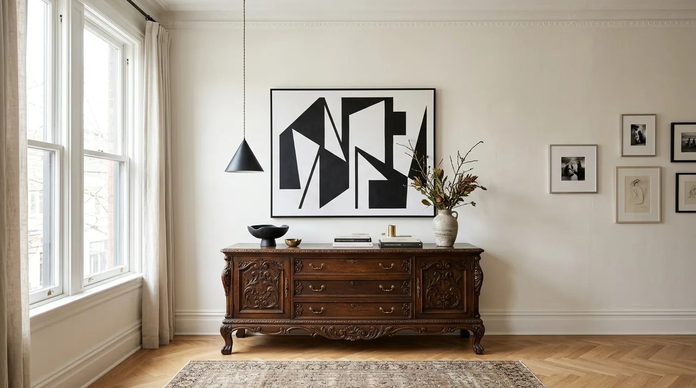 Minimalist abstract canvas hanging above an ornate carved Victorian sideboard