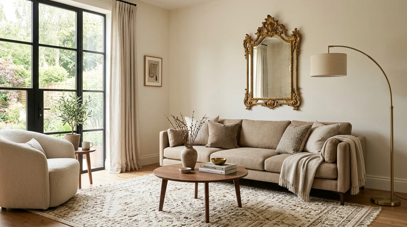 Cohesive living room blending modern tailored seating with an ornate gilded vintage mirror