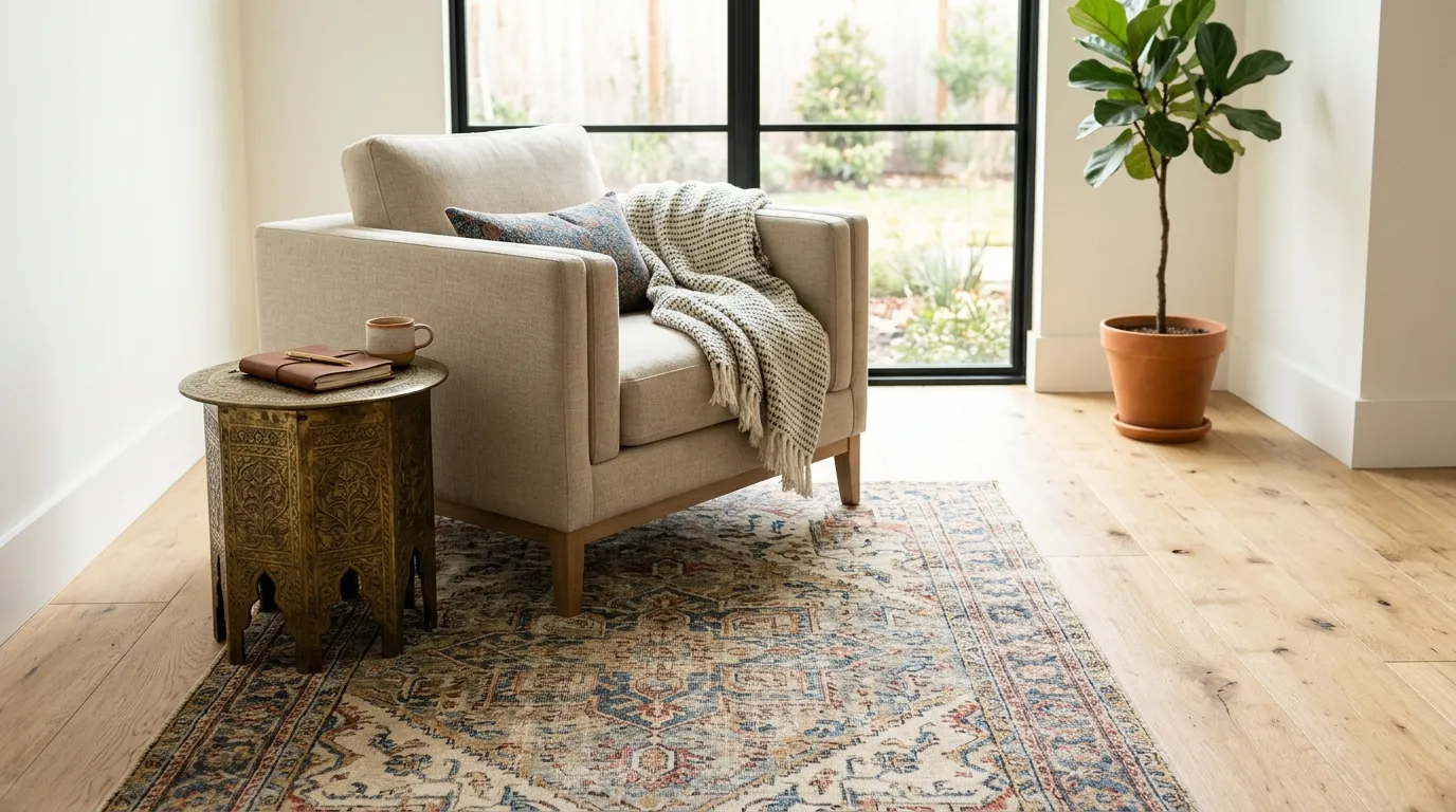 Distressed vintage Persian rug beneath a contemporary armchair and antique accent table