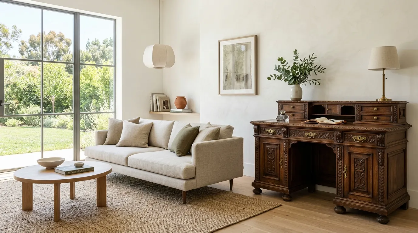 Modern linen sofa paired with an antique dark walnut carved desk in a styled living room