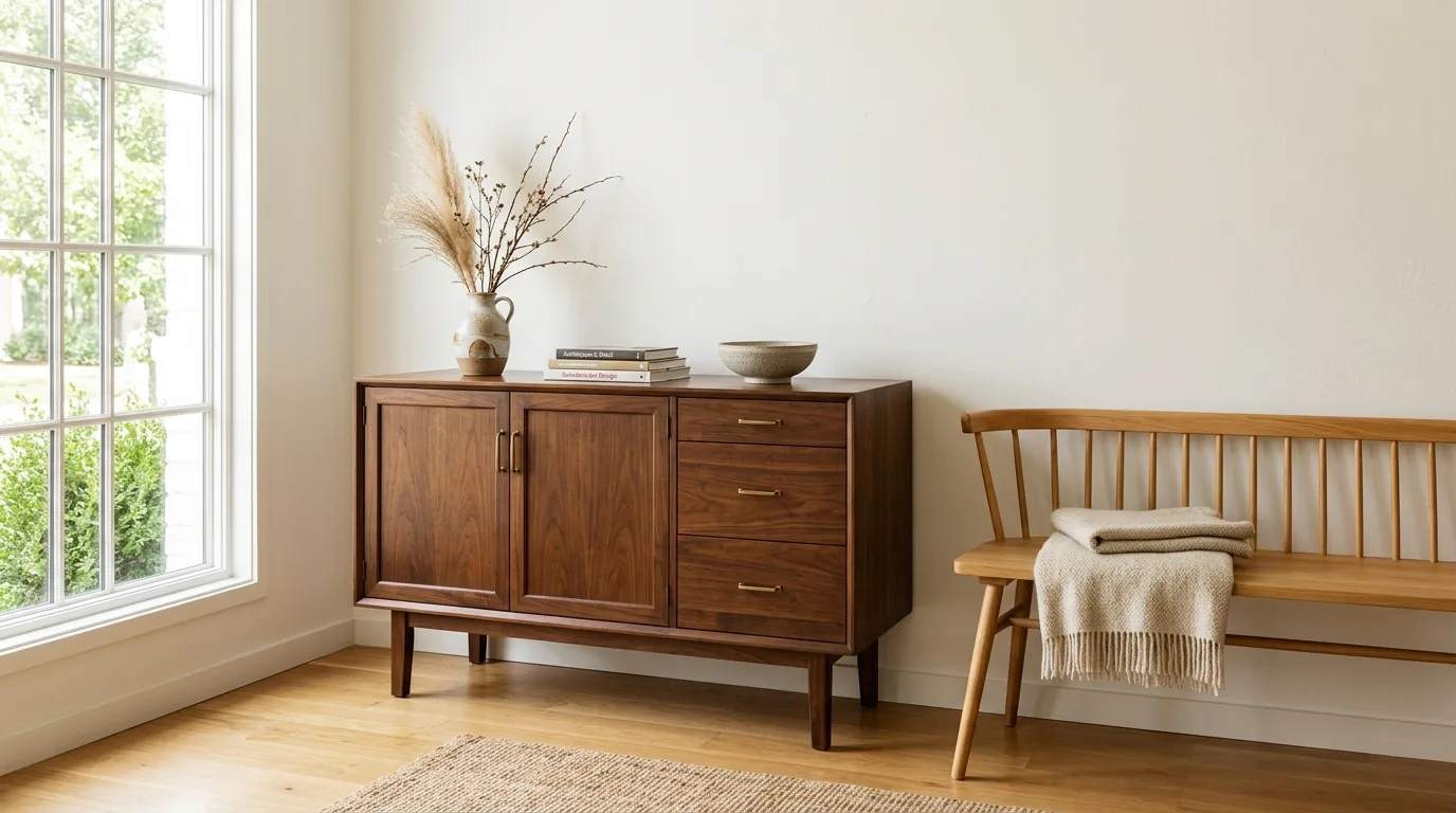 Mid-century dark walnut credenza and honey oak bench sharing warm wood undertones