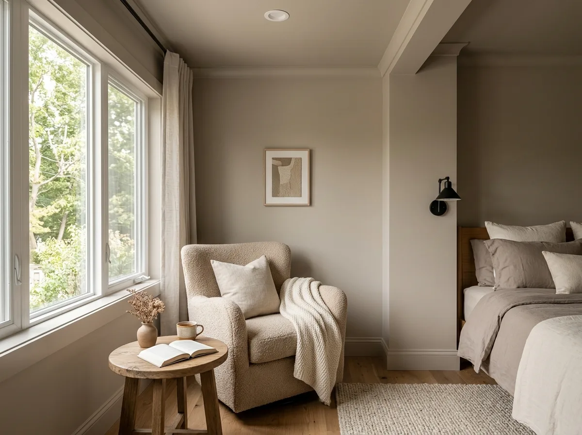 Seamless color drenched warm taupe bedroom walls, trim, and ceiling